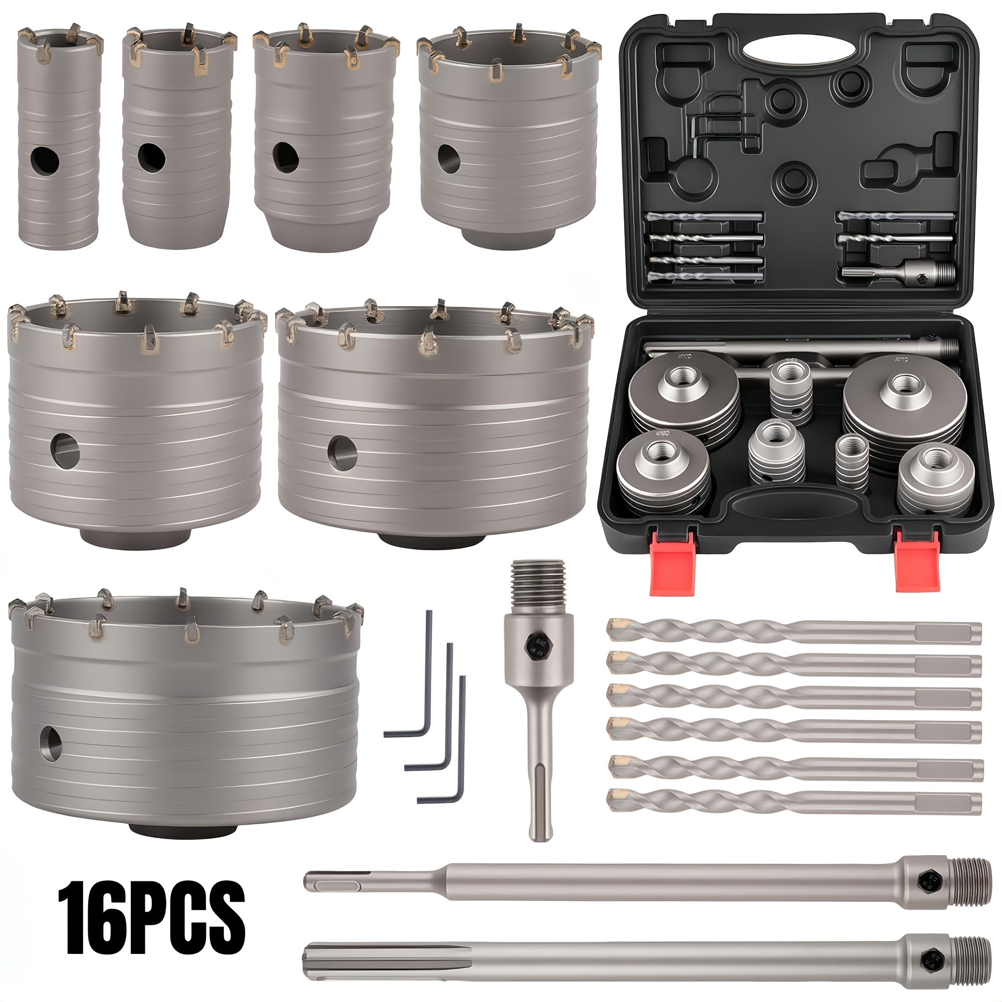 Image of 16pcs Concrete Kits With 3 Drill Bits And Sds Plus & Max Shank, Tool Set For Concrete Cement Brick Stone Wall Drilling, Kit Size 30 40 50 65 80 100 110mm