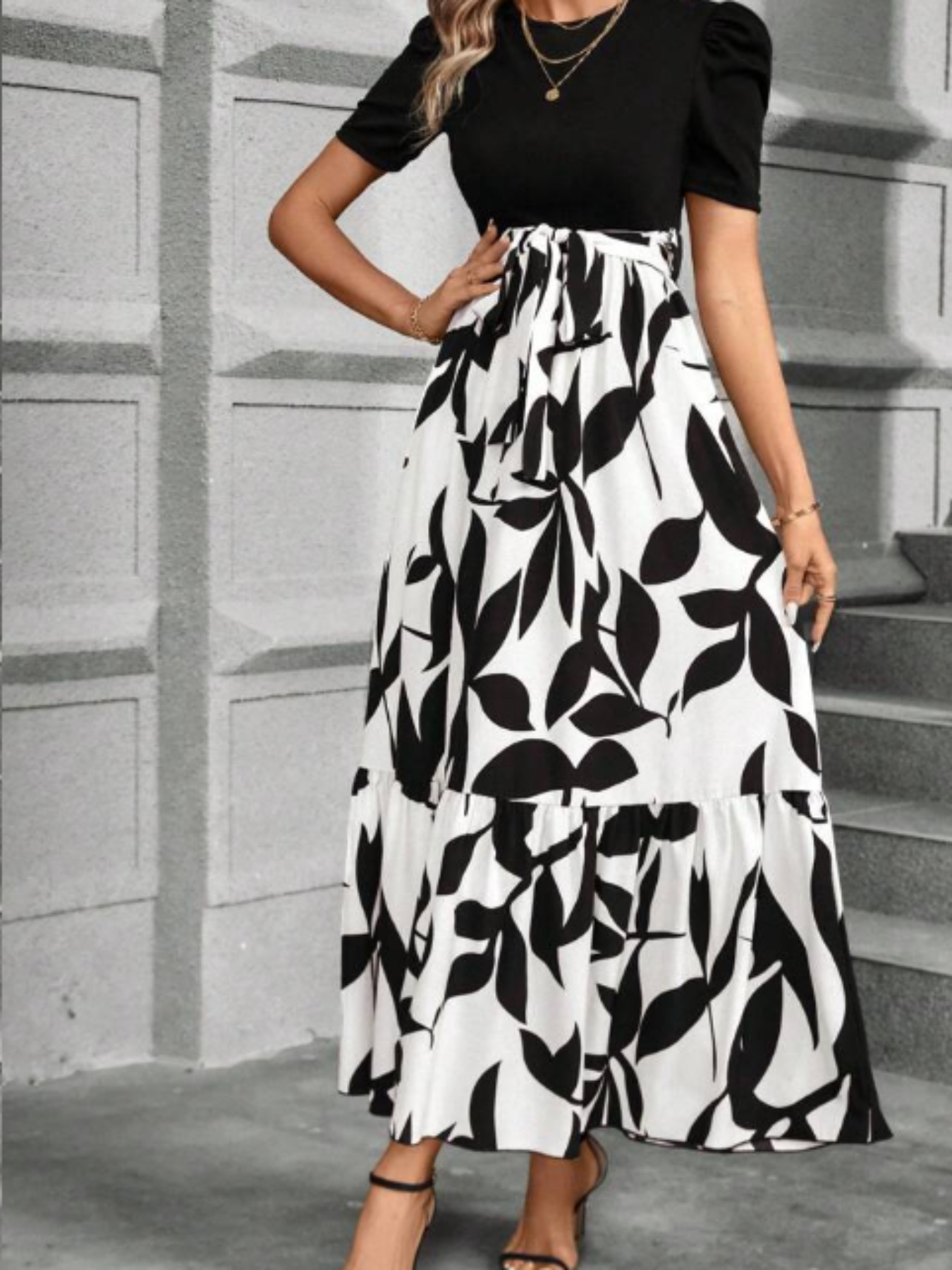 womens puff sleeve round neck maxi dress belted waist flowy