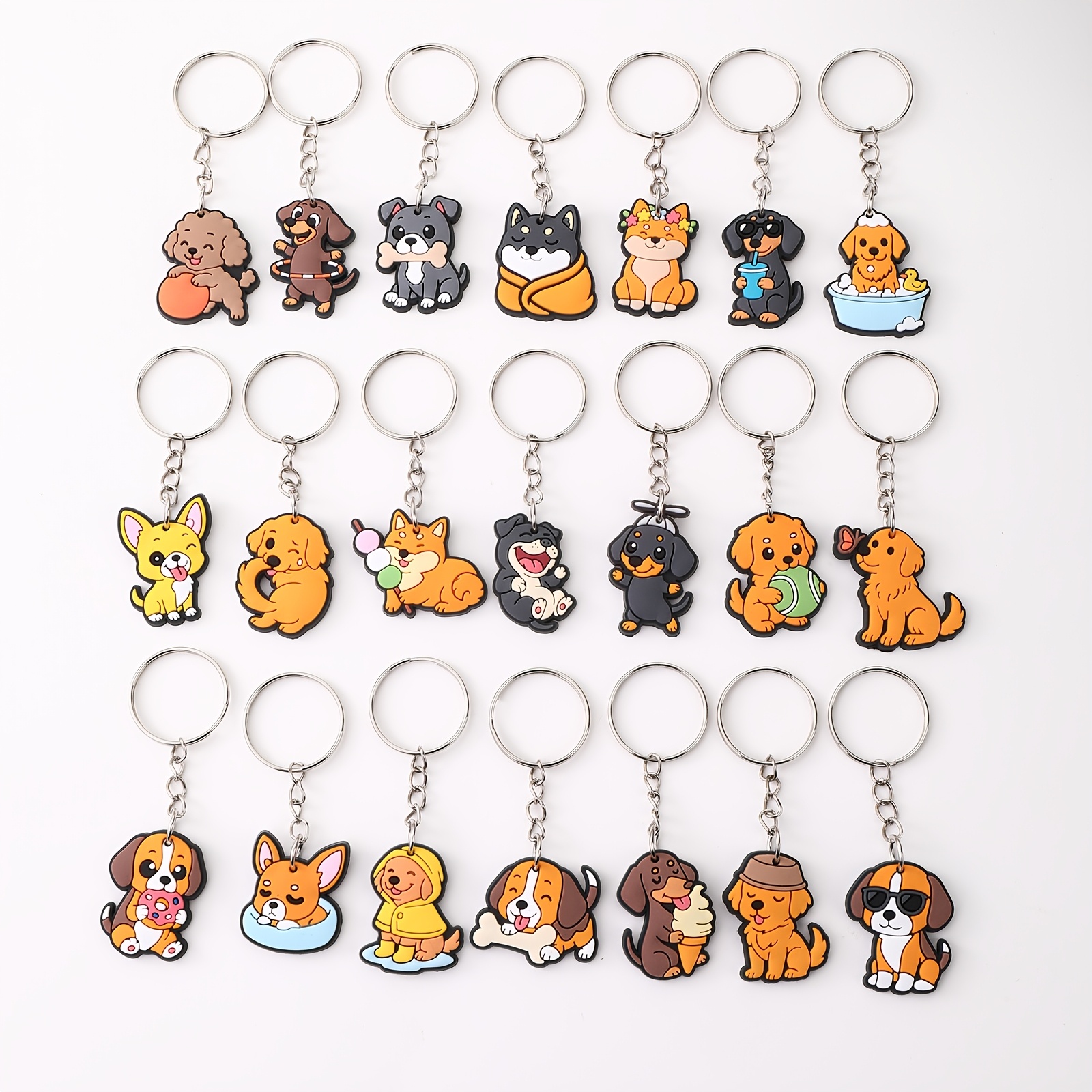 TEMU 21 llaveros de PVC de cachorros de anime adorables: Cachorro con impermeable, Cachorro bañándose, Cachorro giratorio, Serie de cachorros DIY,