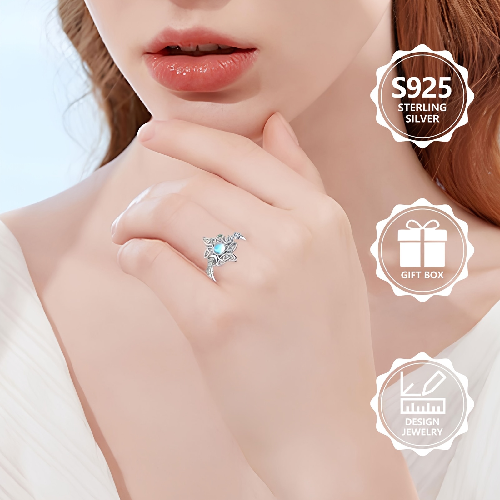 925 Silver Women's Ring with Witch Knot Symbol and Moonlight Stone