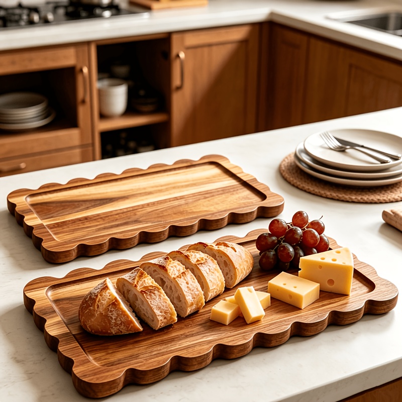 TEMU 2pcs Cheese Boards, Wavy Edge Wooden Serving Plates, Multifunctional Kitchen Trays, Suitable For Cheese, Bread, Fruits, Meats, Appetizers, And