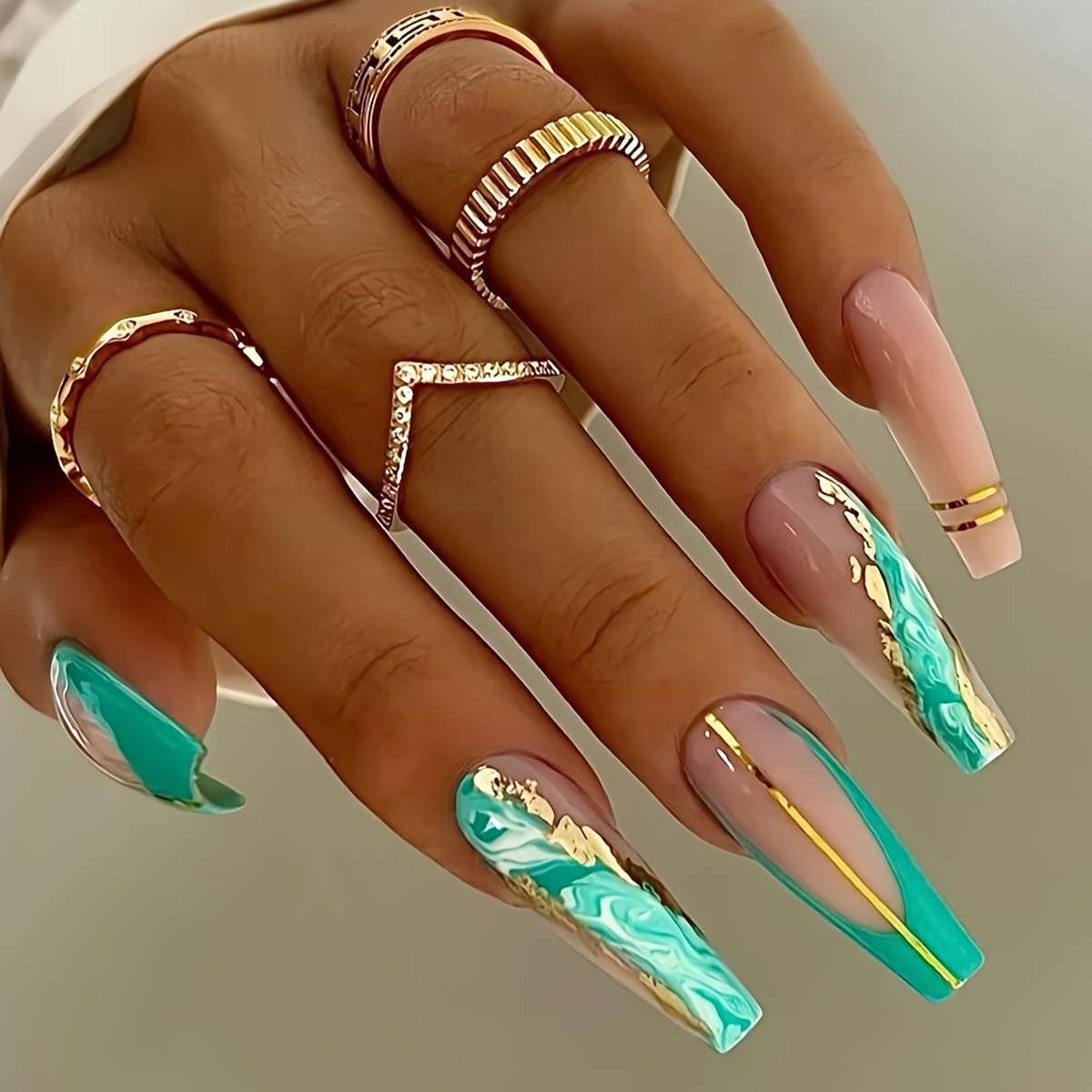 

24pcs Set, Green Marble Pattern, Long Ballet False Nails, Finished Press-on Nail Tips With Golden Foil French Design, Gradient Nail Art, Includes Jelly Glue & Buffing Stick