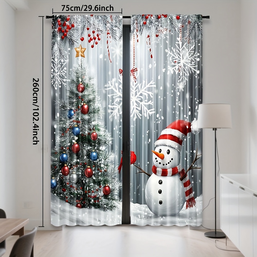 TEMU 2pcs Festive Snowman & Christmas Tree Pattern Rod Pocket Curtains - Filtro di luce in poliestere, decorazione natalizia e per camera da letto,