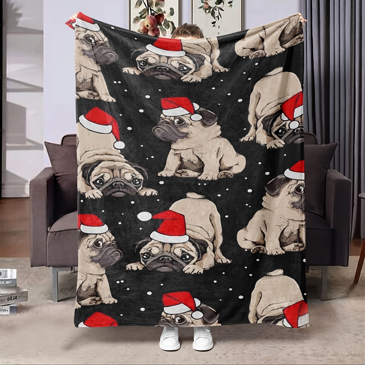 

1pc Contemporary Pug Blanket, Flannel, Nap Blanket For Sofa, Bed, , , Christmas , Flannel For