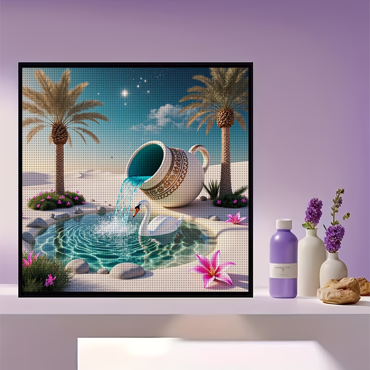 Cross Stitch Printed Kit, Desert Pottery Jar Flowing Swan
