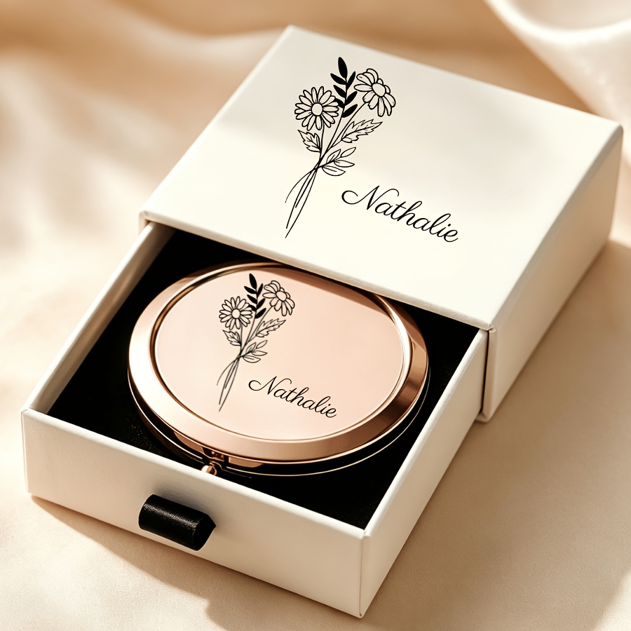 TEMU Personalized Portable Makeup Mirror With Custom Name/text & Gift Box - Rose Golden Compact Mirror Suitable For Weddings, Bridesmaid Gifts, Maid