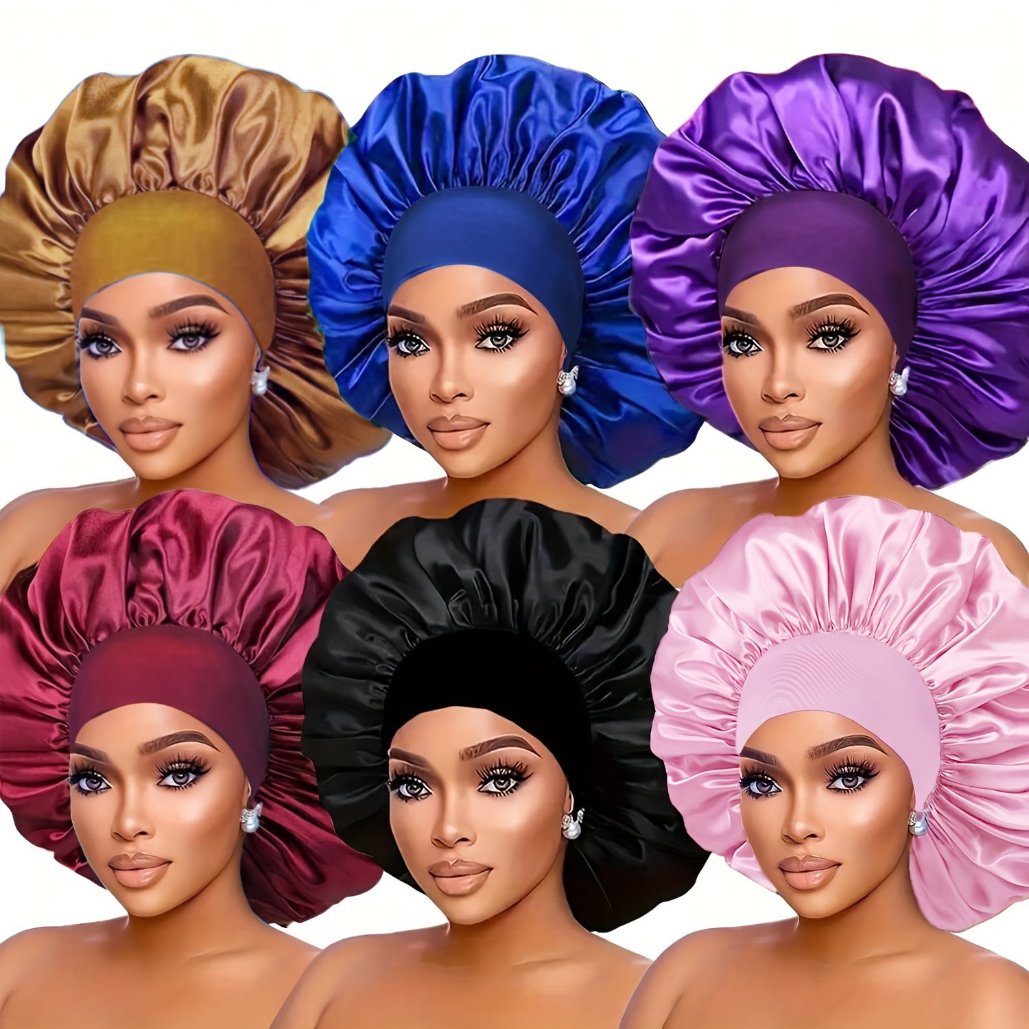 6pcs AWEGEO Women's Satin Bonnet with Elasticated Wide Brim - Breathable Sleep Cap Suitable for Travel, Spa, Daily Use | Elegant Hair Protection Hat, Spring/Fall Accessory