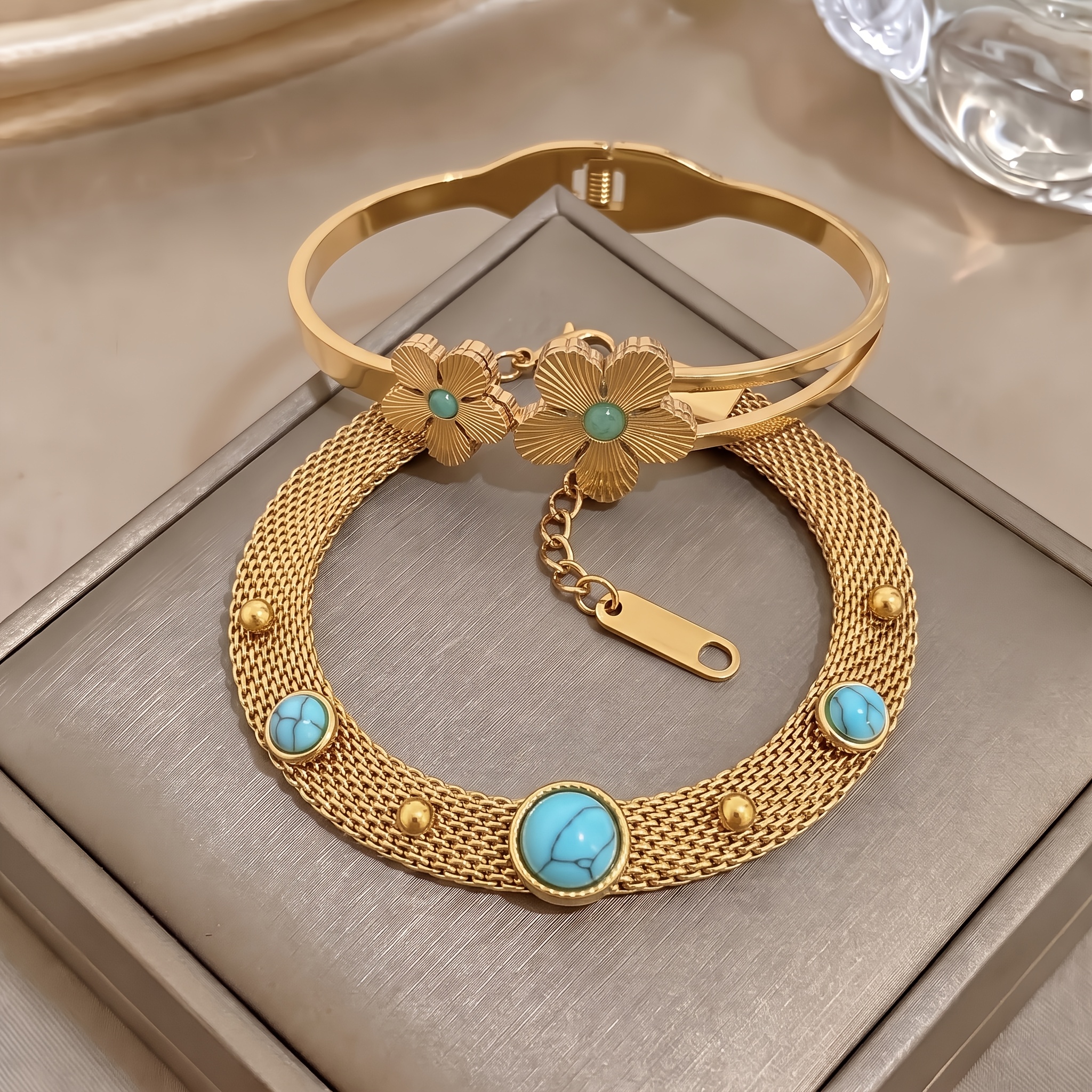 2pcs Unisex 18K Golden-Plated Bracelet and Bangle Set, Vintage Style