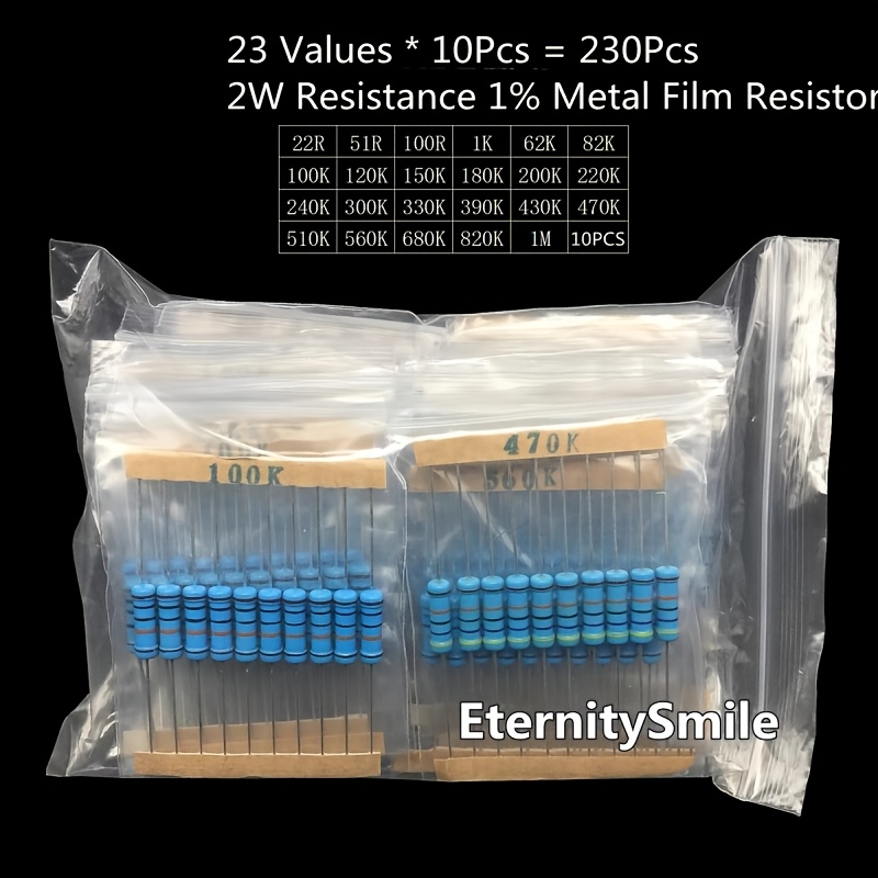 230pcs 2w 1 metal film resistors 22  51r   1k 62k 82k   120k 150k 180k 200k 220k 240k 300k 330k 390k   470k 510k 560k 680k 820k 1m ohm resistor package with 23 values 10 each