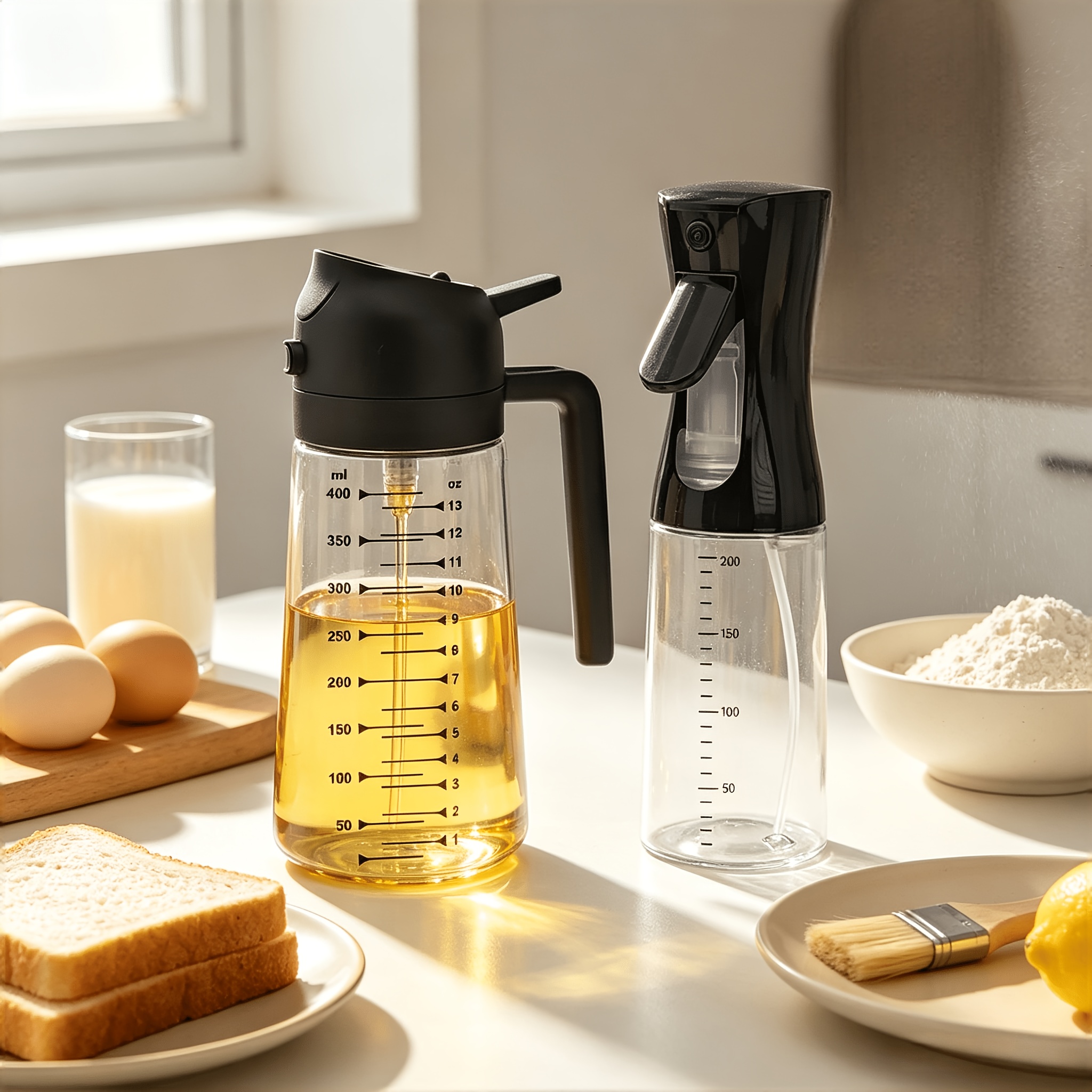 TEMU Ensemble Combiné de Distributeur d'Huile en Plastique , Bouteille d'Huile à Versement avec Échelle Transparente et Vaporisateur d'Huile à Fine à