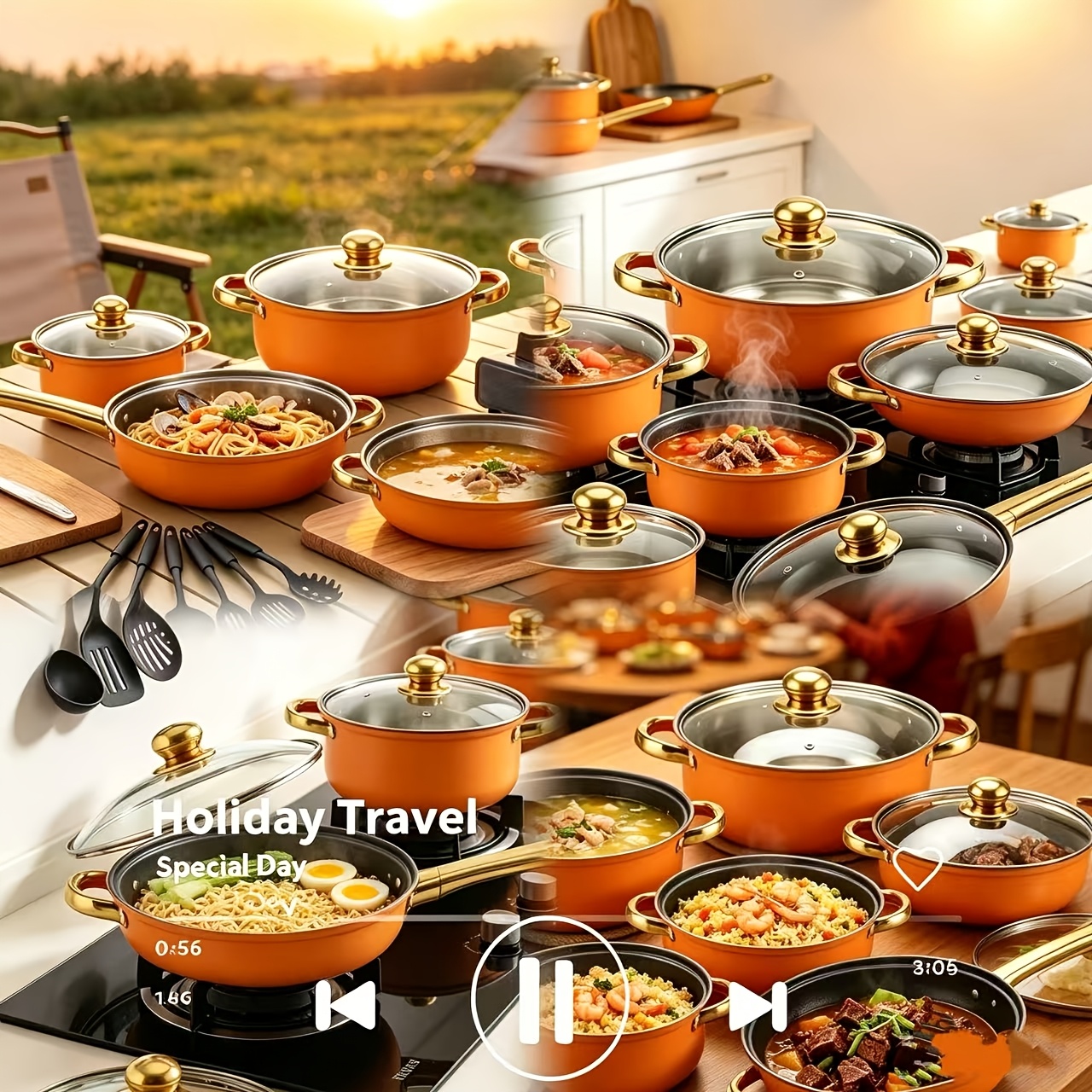 TEMU -18pcs Orange 304 Stainless Steel Cookware Set, +6 Glass Lids+6 Kitchen Utensils, Golden Handles, All Stoves Compatible, Multipurpose For Home &