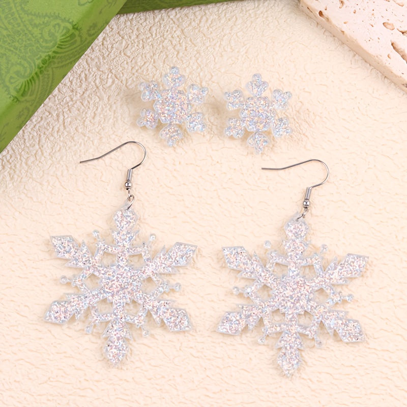Image of 4pcs Elegant And Creative Christmas Sparkling Size Snowflake Acrylic Earrings, Suitable For Parties, Festival Gifts Retro Set Earrings Jewelry For Women