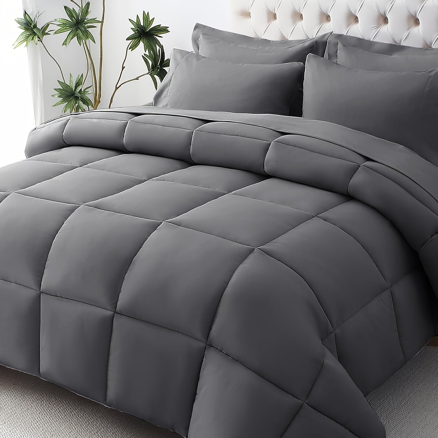 TEMU Bed In A Bag 7pcs, Polyester Square Comforter Set, Complete Home Bedding With Comforter, Fitted Sheet, Flat Sheet, Pillowcase And Pillow Sham,