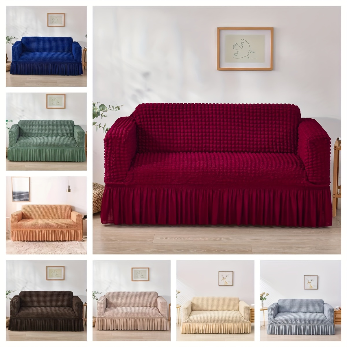 

1pc Solid Color Seersucker Couch Cover, Sofa Slipcover Skirt Style Sofa Cover, Elastic And Durable Stretch Furniture Protective Cover For Bedroom Office Living Room Home Decor