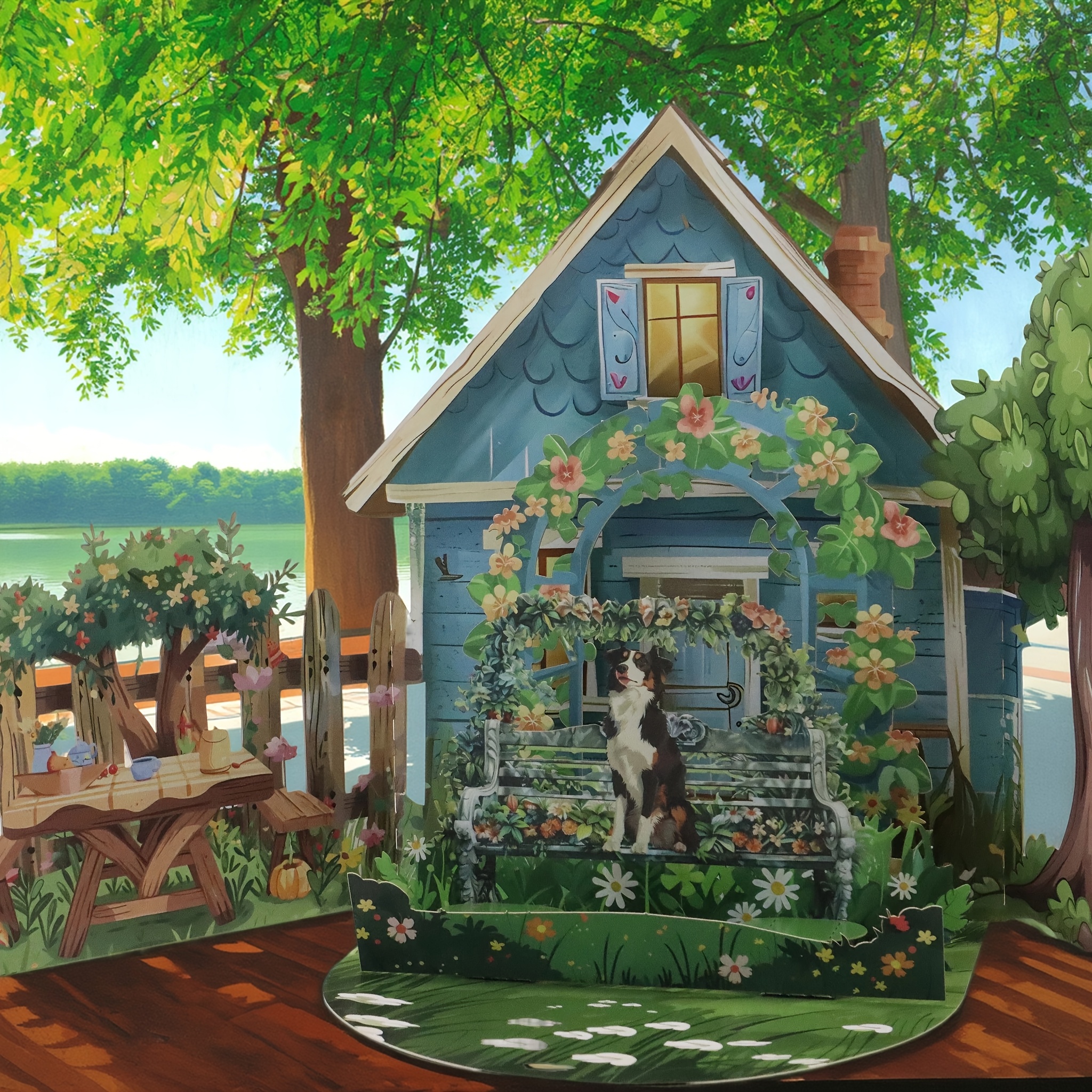 TEMU 3d Pop-up Greeting Card With Cottage Landscape, On Swing & Gazing Puppy - Handmade Tabletop Decor For Birthdays, Galentine’s Day, Graduation -