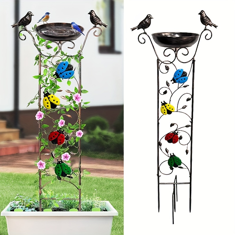 

1pc Iron Bird Bath With Garden Trellis, 2-in-1 Outdoor Birdfeeder & Decorative Bird Bath, Vintage Metal Frame For Climbing Plants, Easy Install, Detachable Design