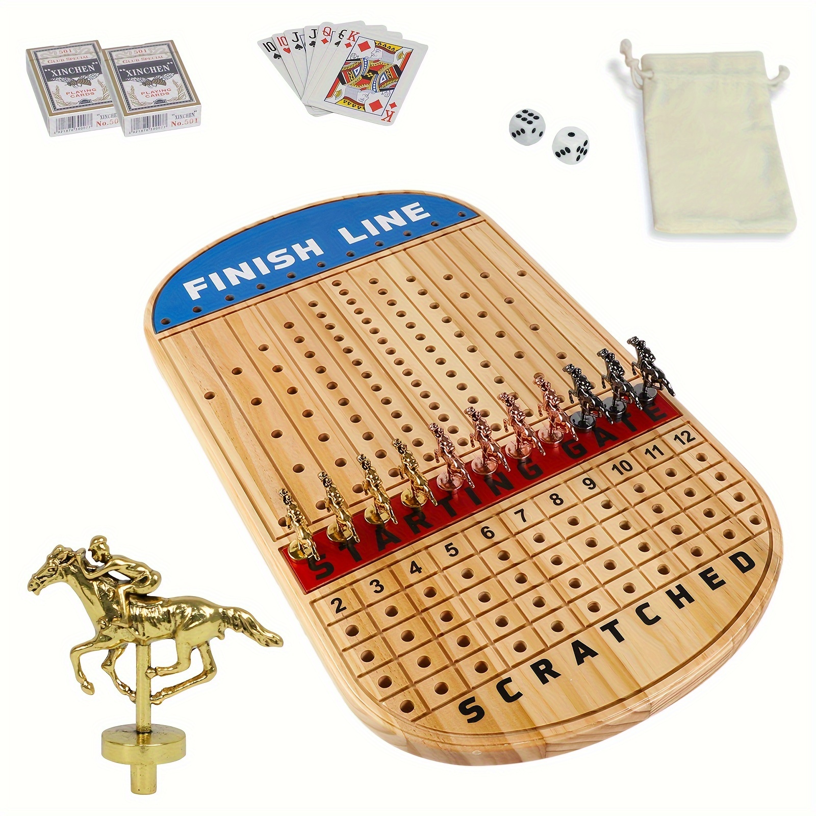 

Large Original Horse Racing Board Game Thicken Wood Horse Race Card And Dice Board Game Luxury Edition Set With 11 Metal Horses, 2 Dices And 2 Boxes Of Cards
