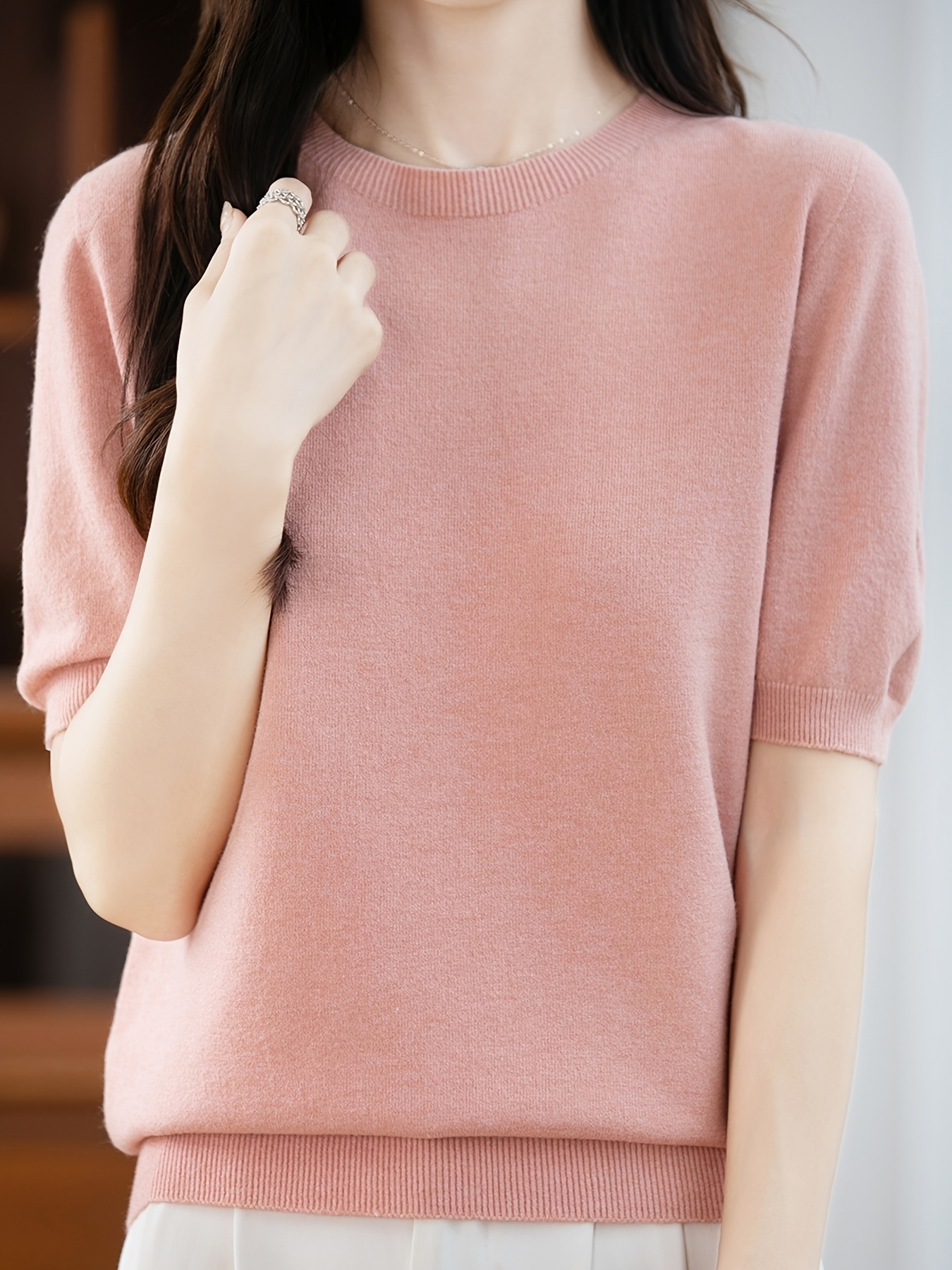 Women'S Short-Sleeve Round Neck Top, Soft And Comfortable Knitwear, Elegant And Fashionable, a Versatile Solid Color Essential for All Seasons