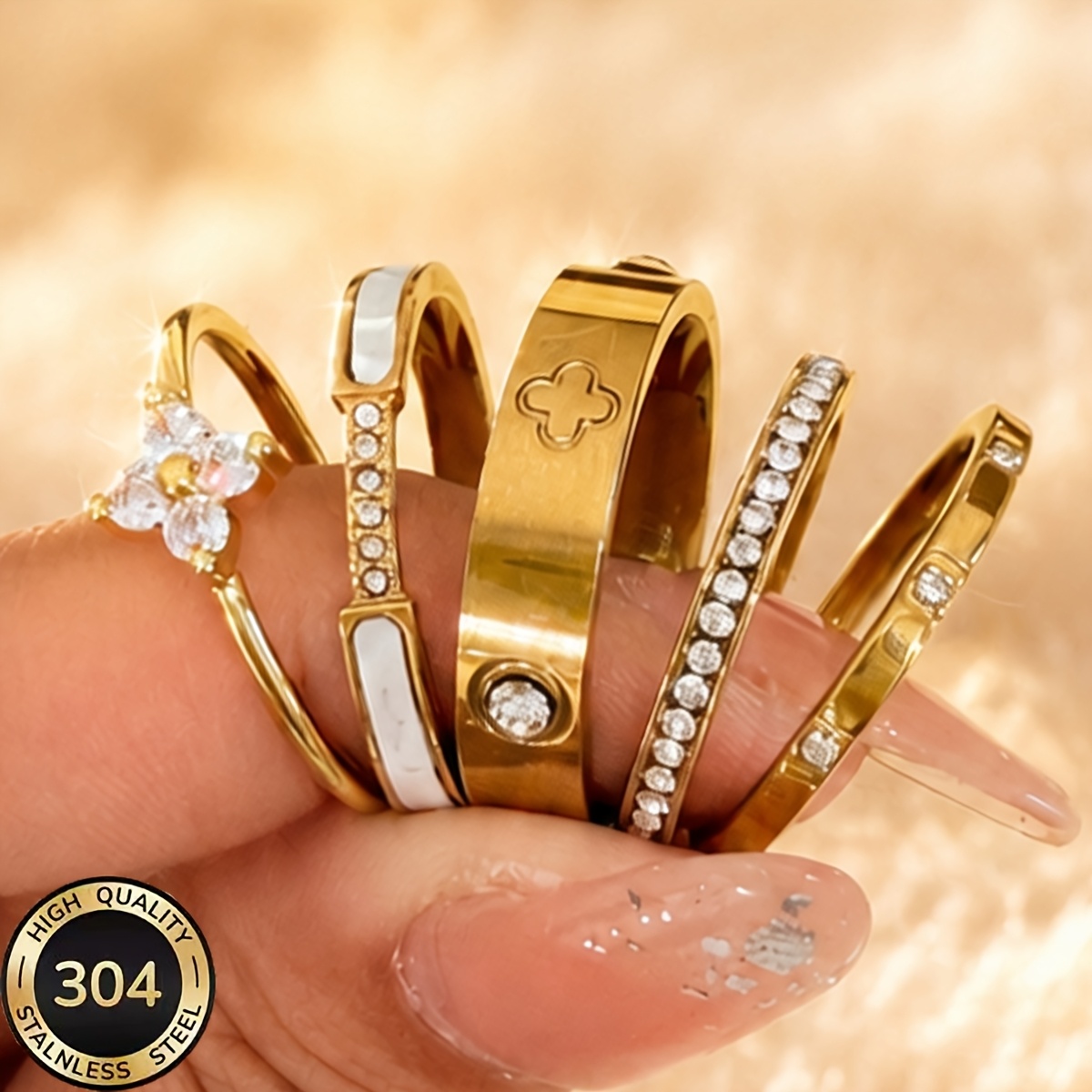 TEMU 5pcs 18k Golden Plated Women's Stackable Rings, 304 Stainless Steel Non-glossy Low-allergy, Flower Thin Band Ring Set, Daily Wear Birthday