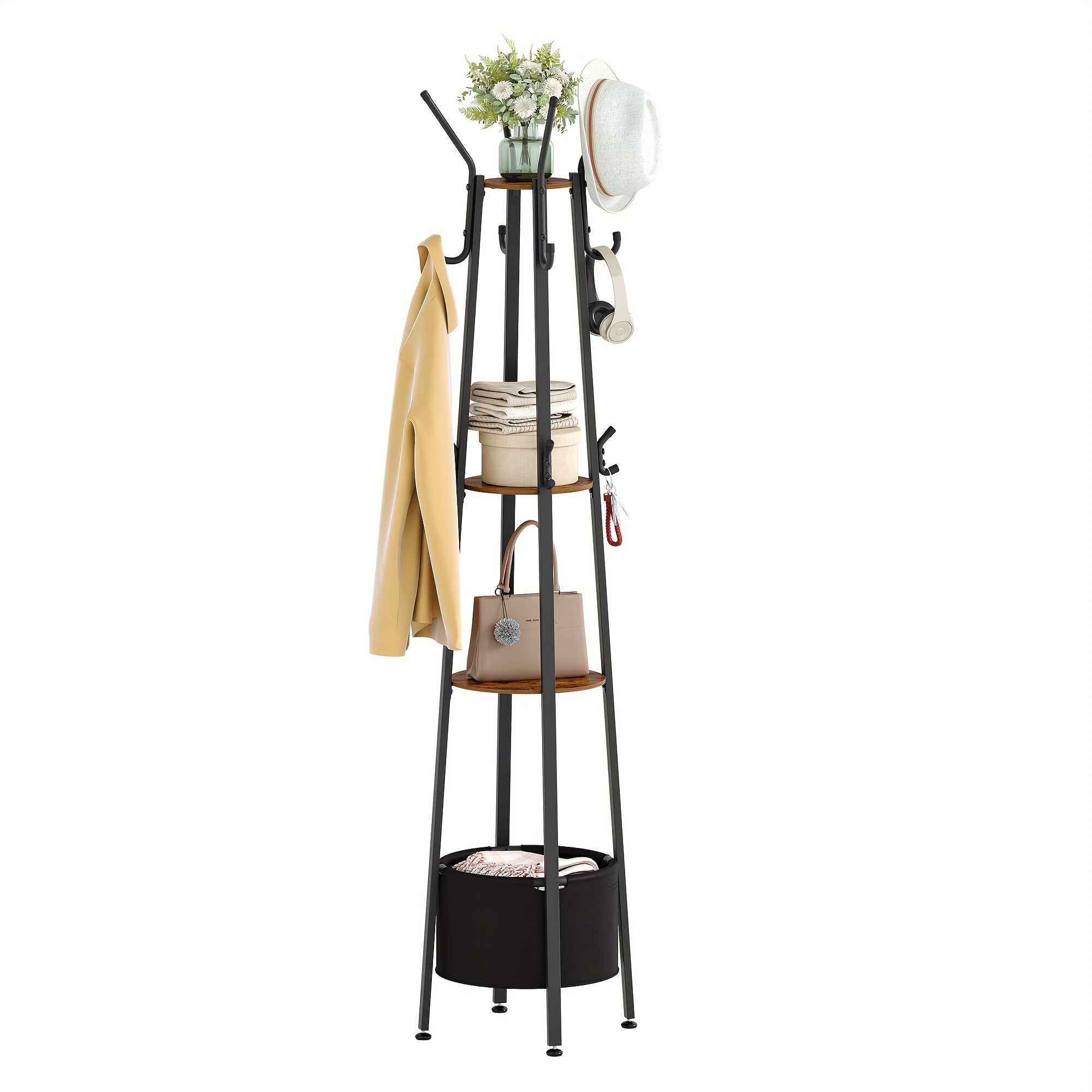TEMU Independent Coat Stand Featuring 3 Shelves, A Hall Tree Equipped With Hooks For Scarves, Bags, And Hats, Along With A Coat Rack That Includes ,