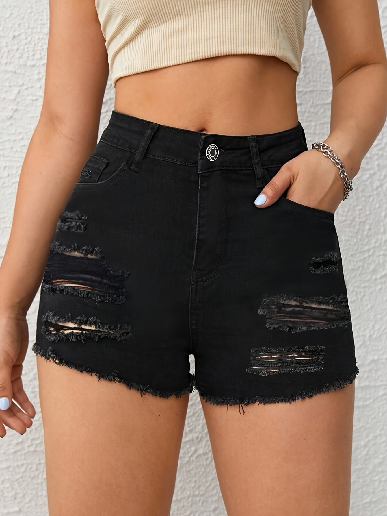 Ripped Lace Up Denim Shorts, High Waist Fringe Wide Leg Shorts, Sexy Ripped  High Waist Tight Denim Shorts Irregular Fringed Slim Shorts Jeans