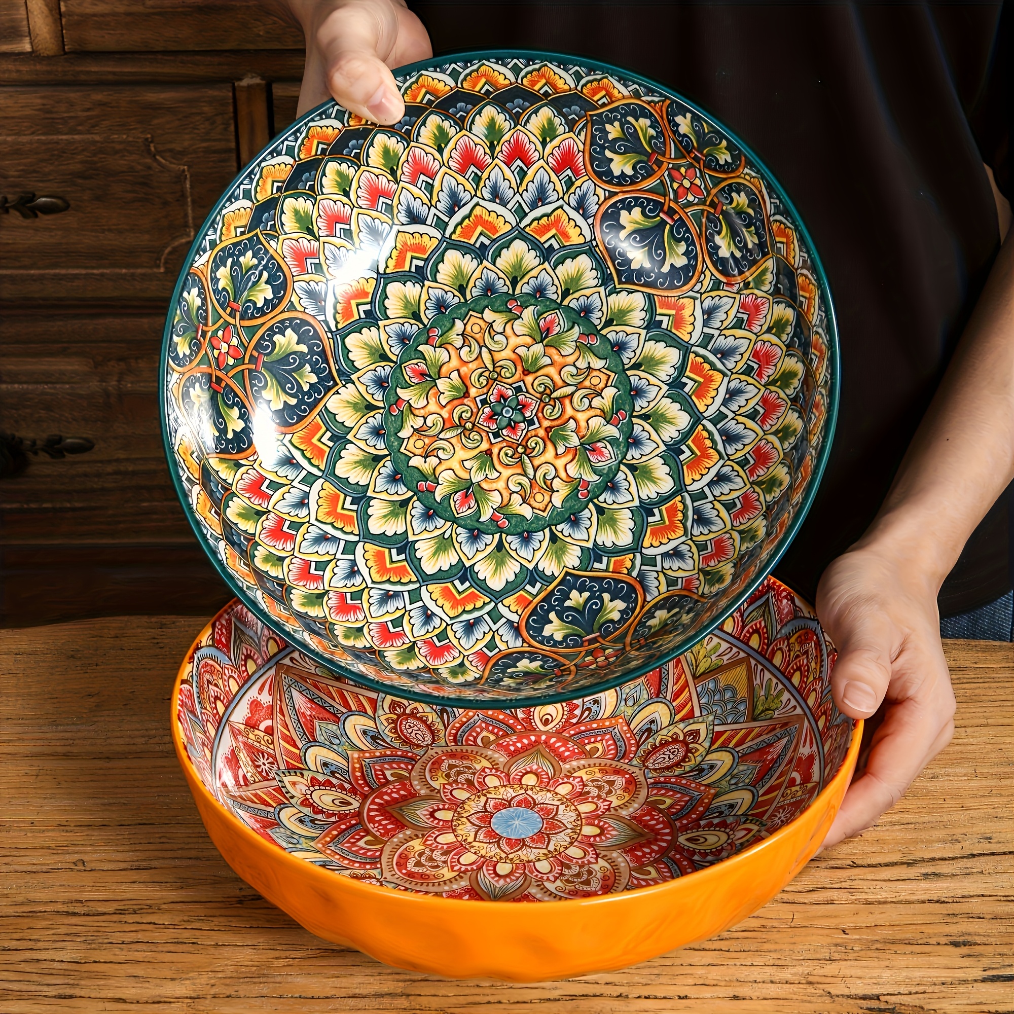 TEMU Taufikt 2pcs Bohemian Floral Ceramic Soup Bowl Set 25.8cm/10.15in Microwave--painted Design Vintage Tableware Perfect For Cooking And Dining