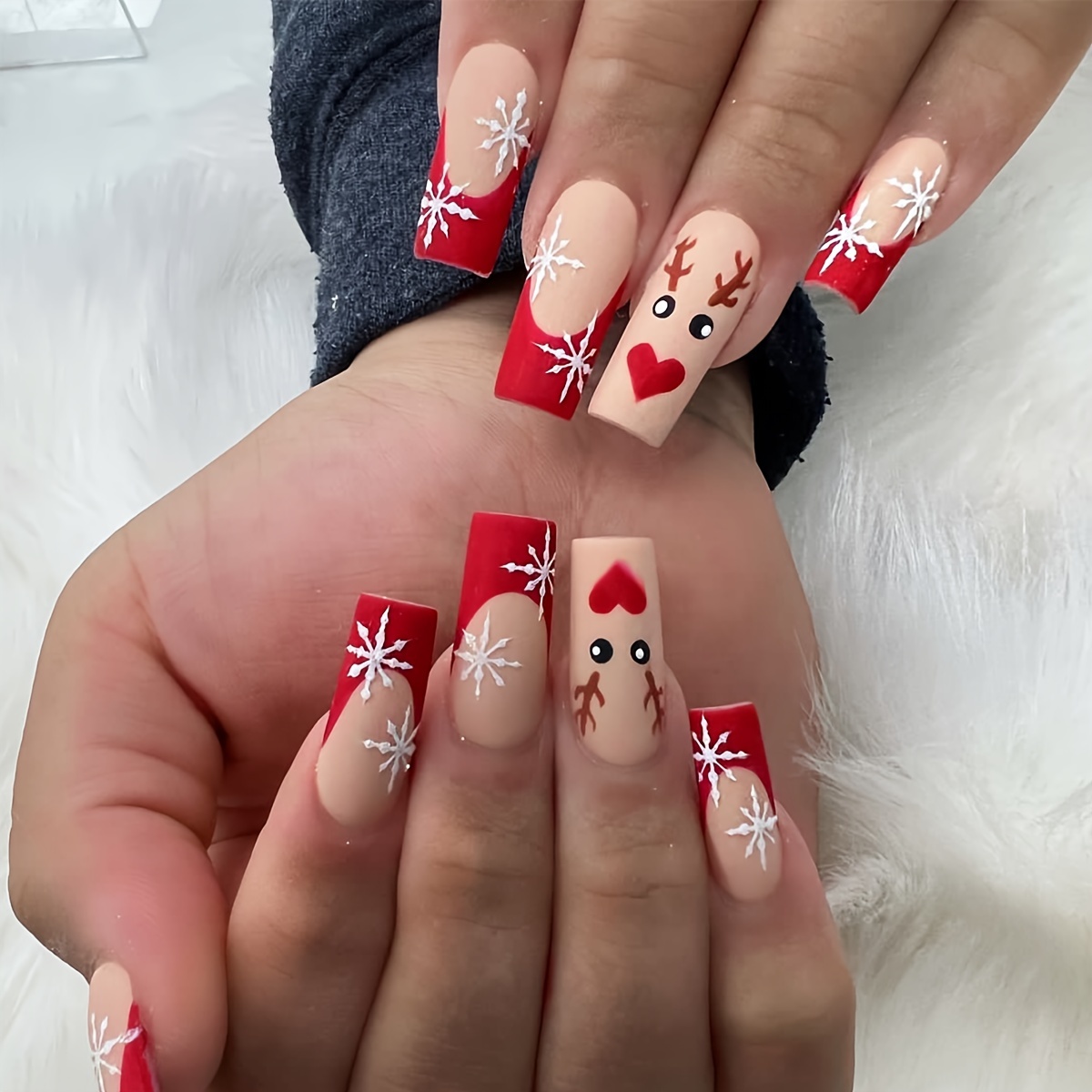 

Christmas 24pcs Medium Length Rectangular Red French Snowflake Heart Reindeer Design Matte Full Cover Press-on False Nails For Women