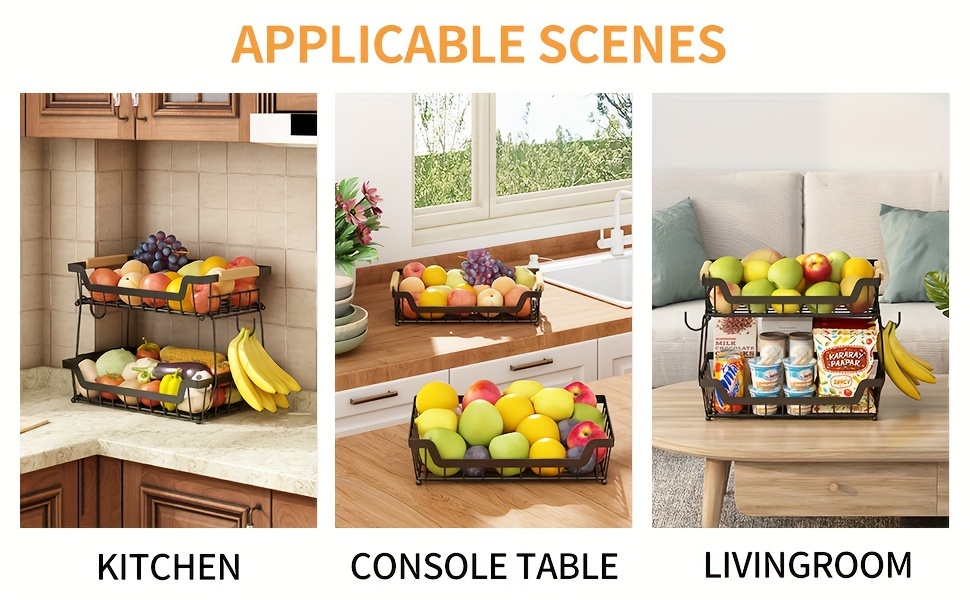 2 tier countertop fruit basket with 2 banana hangers for kitchen detachable metal organizer for bread vegetable fruits with wooden handle large capacity rectangular storage stand bowls black Product details 2