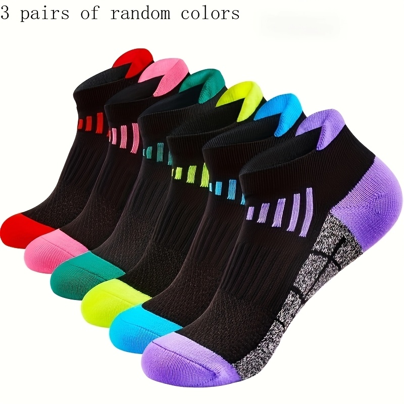 Image of 6pcs (3pairs) Ladies Sports Socks, Geometric Patterns, Optional, Suitable For Running, Riding, Hiking, Outdoor Sports, Spring And Summer Short, Random Colors