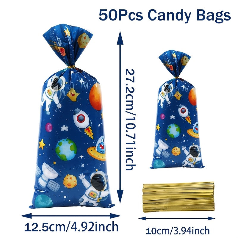 TEMU 25/50/100pcs Space Astronaut Gift Bags - Cartoon Space Theme Party Decorations With Planets, & Aliens, Durable Plastic Favor Bags For 1st