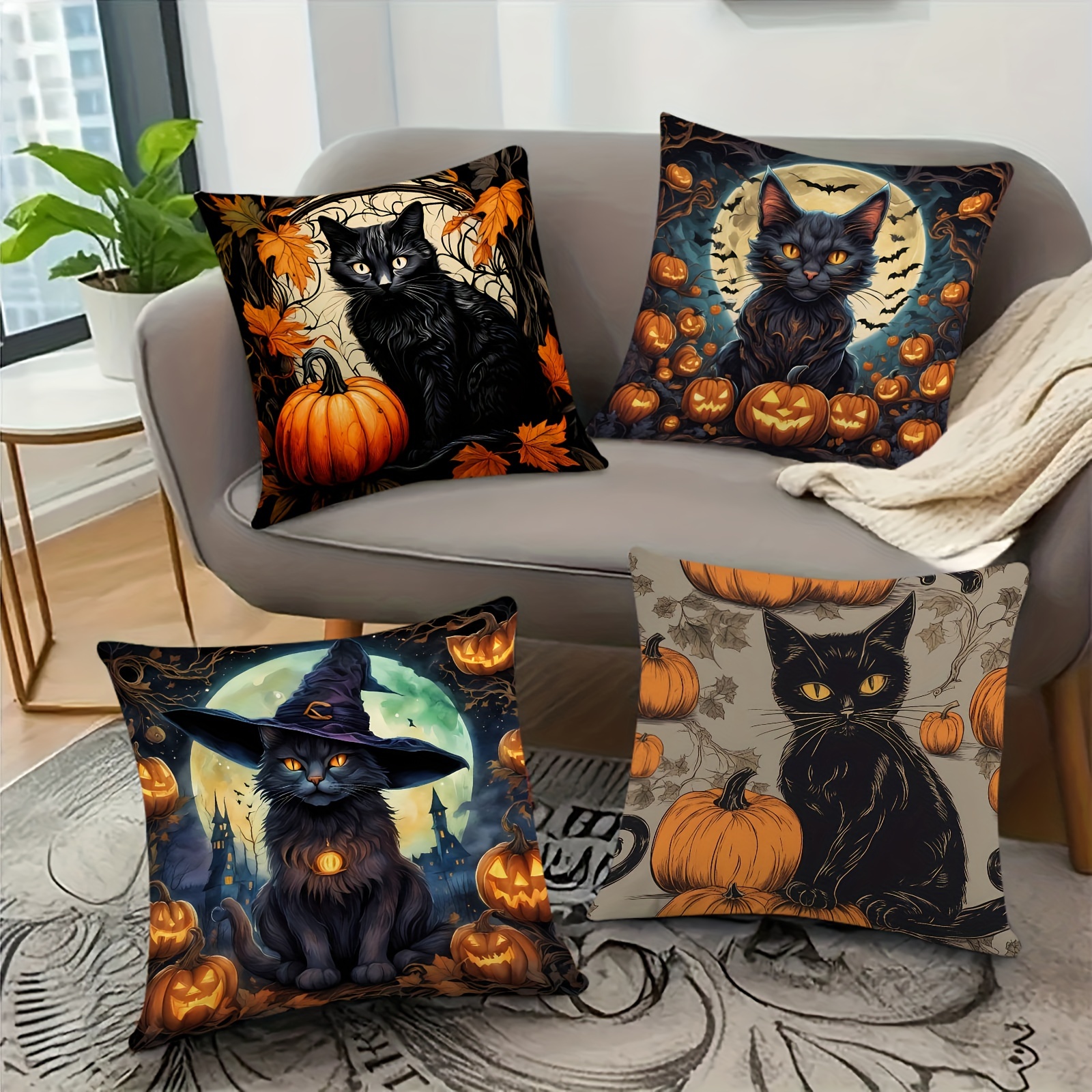 

4pcs Halloween Decor Set: Pumpkin, Black Cat, Bat & - Soft Plush Throw Pillow Covers With Zipper Closure, Machine Washable, 18x18 Inches - Sofa & Bedroom