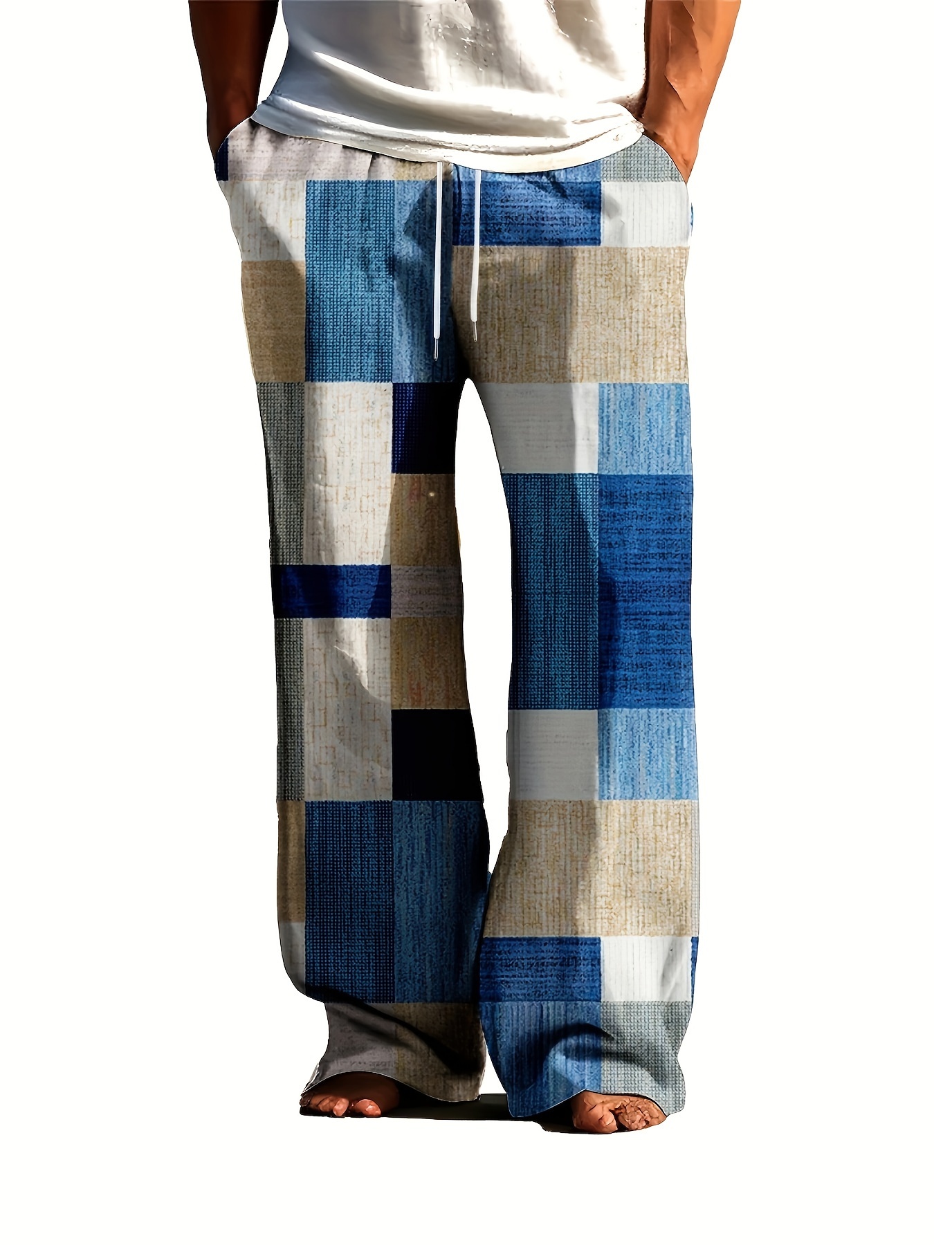 mens casual striped plaid print loose fit pants red vertical