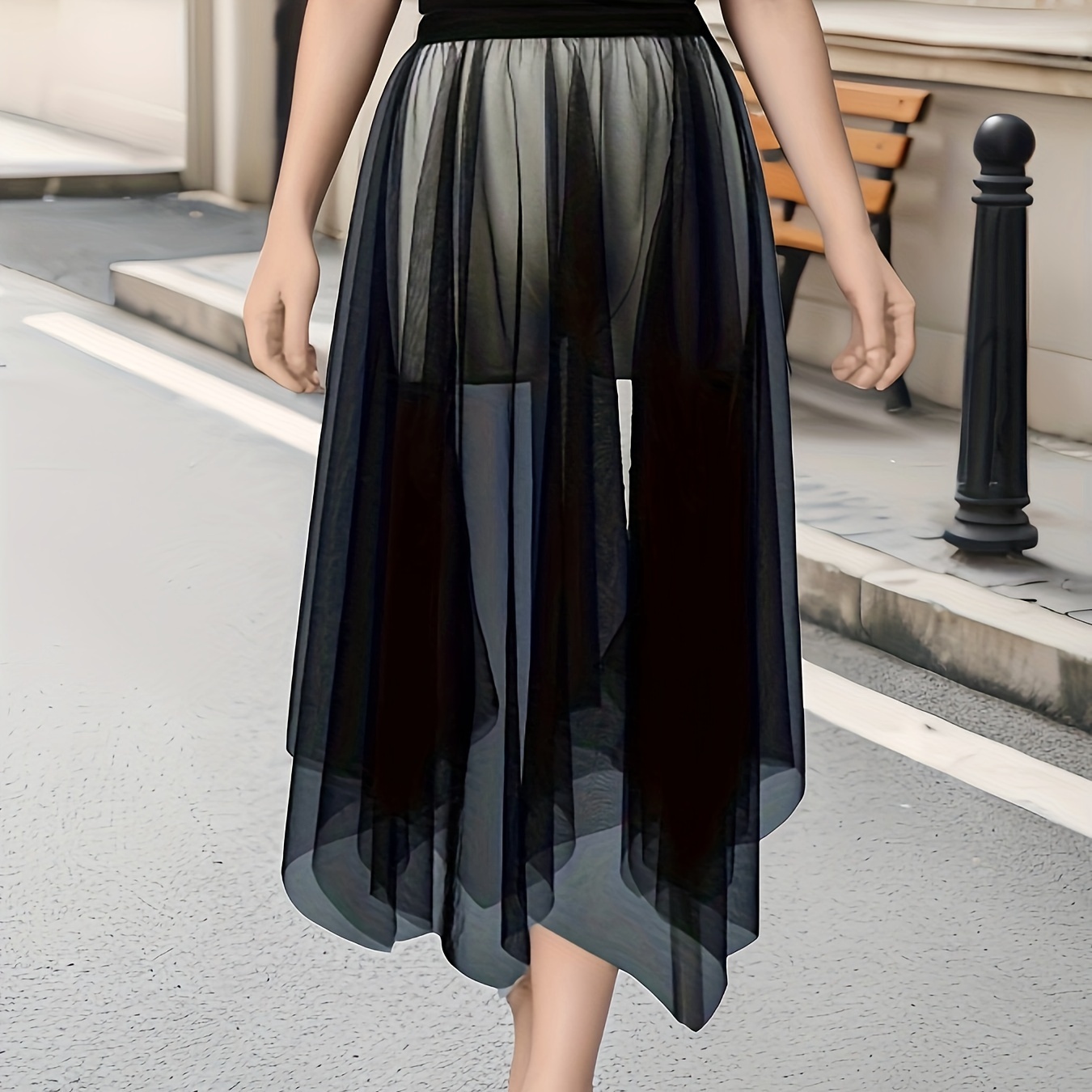 black white net half length skirt sheer overlay single layer