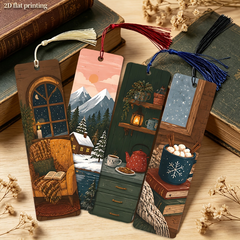 TEMU Lot de 4 marque-pages à pompon avec motif aquarelle de chalet d'hiver, cheminée et montagne enneigée, fournitures scolaires, fournitures de