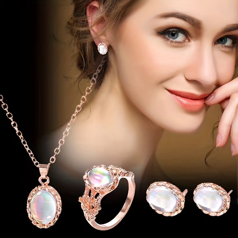 4pcs Women's Individual Gemstone All-match Trendy Necklace Earring Ring Combination Set