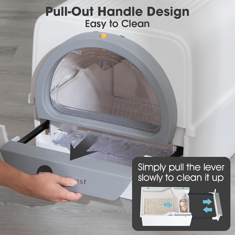 Self Cleaning Cat Litter Box Odor Control, Pull And Scoop Litter Box with Enclosed Lid, Covered Non-Electric Semi-Automatic Self Cleaning Litter Boxes for Large Cats, White And Gray