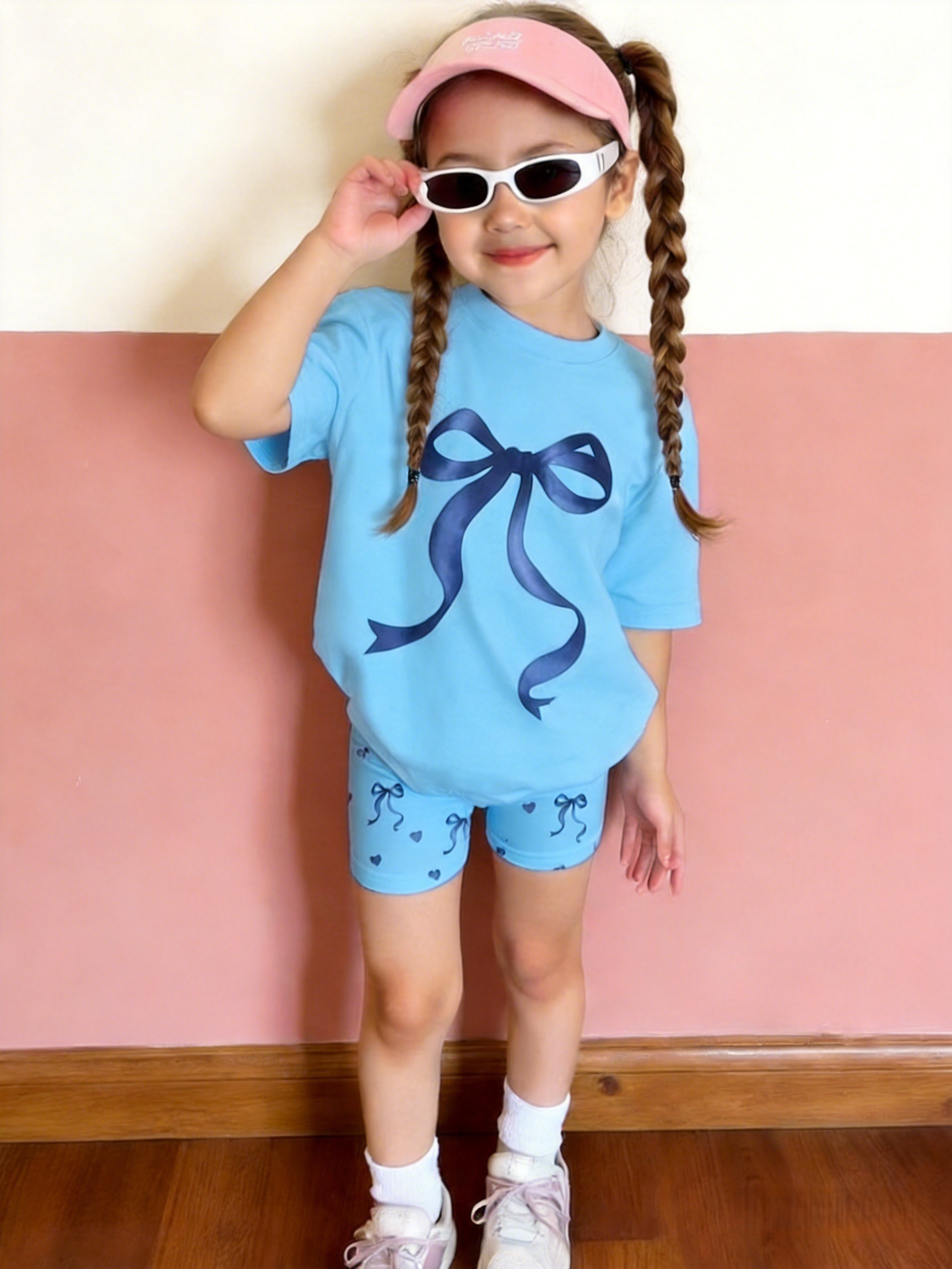 2pcs set of casual loose fitting round neck short sleeve t shirt and shorts for girls aged 1 6 featuring   and bowknot prints suitable for daily wear   home and   spring and summer   outdoor