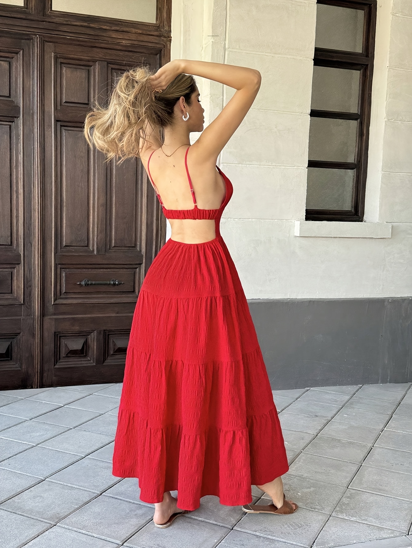 strapless open back dress Orange Summer Maxi Dress: Flowy Georgette Bandhani Gown USA XXL / Red main image 0