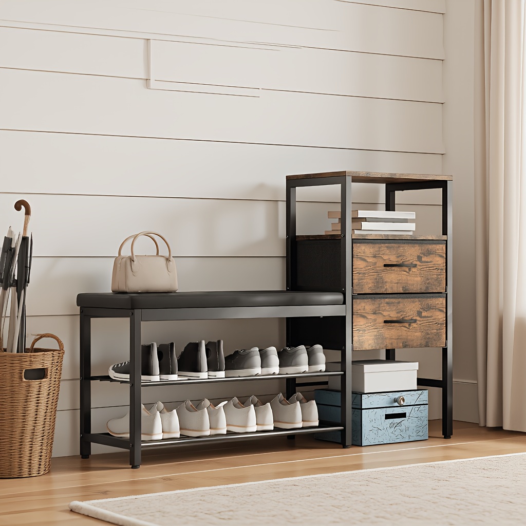 Modern 2-tier Shoe Bench, Cushioned Padded Seat Storage Bench With Fabric Drawers & Open Storage Compartments, For Entryway Hallway Home