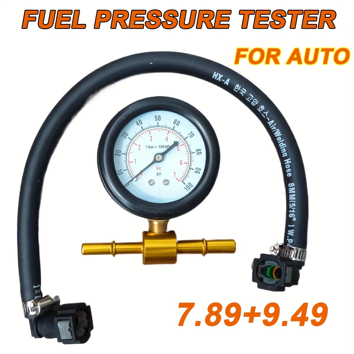 TEMU Fuel Pressure Tester Gauge Kit 0-100psi/0-7bar With Release Valve & Aluminium Tee Adapter, 7.89 9.49mm Quick Connector For Automobile Car Truck