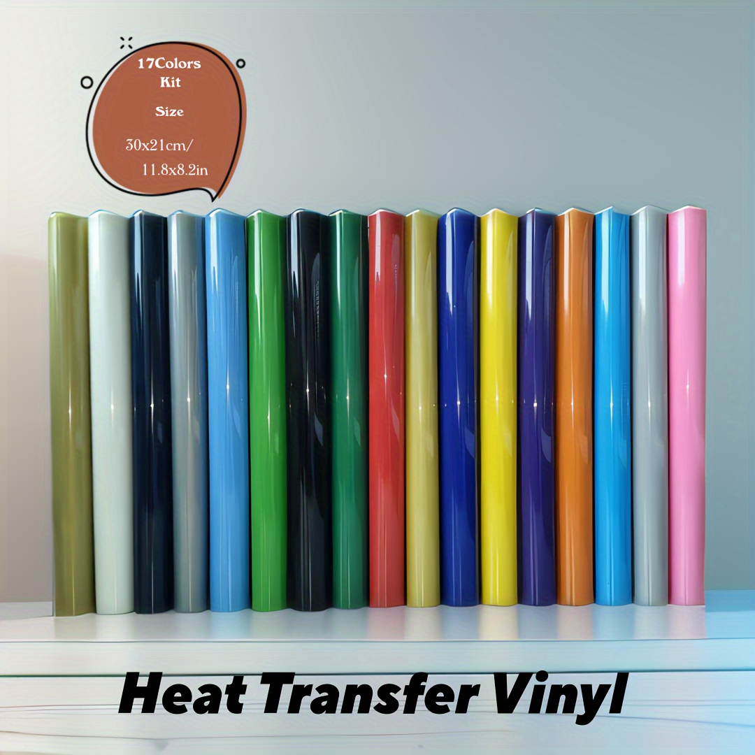 Image of 17pcs Vibrant Heat Transfer Vinyl Bundle, 11.8x8.2in - Ideal For Diy Iron-on Transfers & Crafts, Multicolor For , Gifts | Glossy Finish | Flexible Material