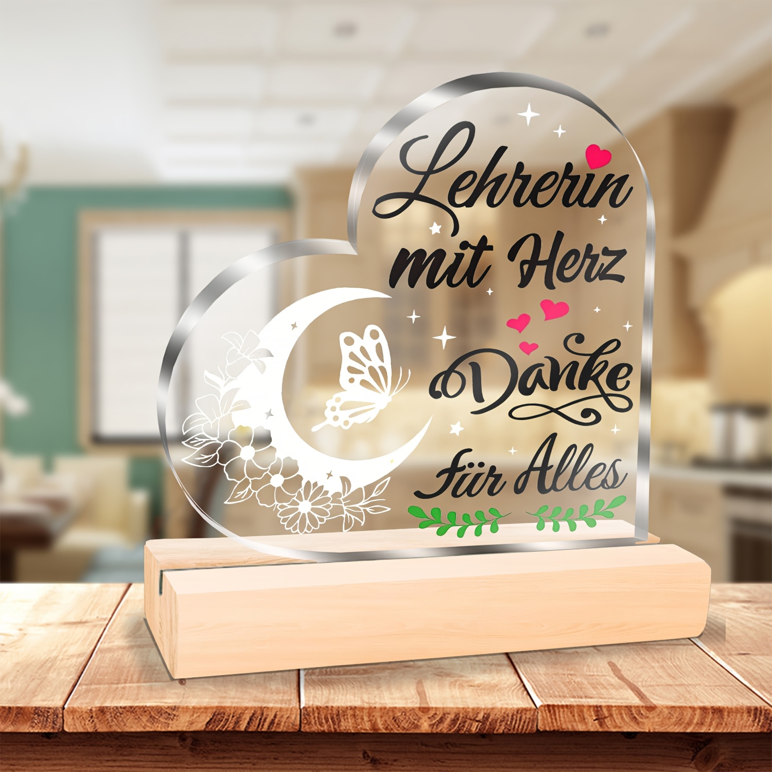 E-shop 2D Flat - [2D Flat] 2D Ebene, . herzförmiges Acrylschild mit Holzsockel - Moderne Schreibtischdekoration, graviert mit der Nachricht "An