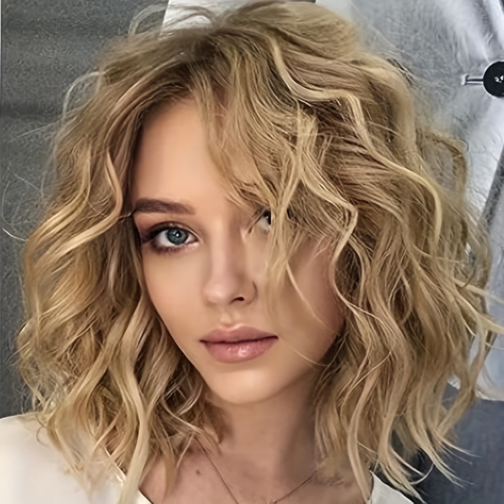 TEMU 12in Women's Middle Length Open Waves Synthetic Hair Wig - Brown Blond With Side Part, Density For Daily Wear, Halloween & Party Use, Versatile Hairpiece, Natural Look Hairpiece