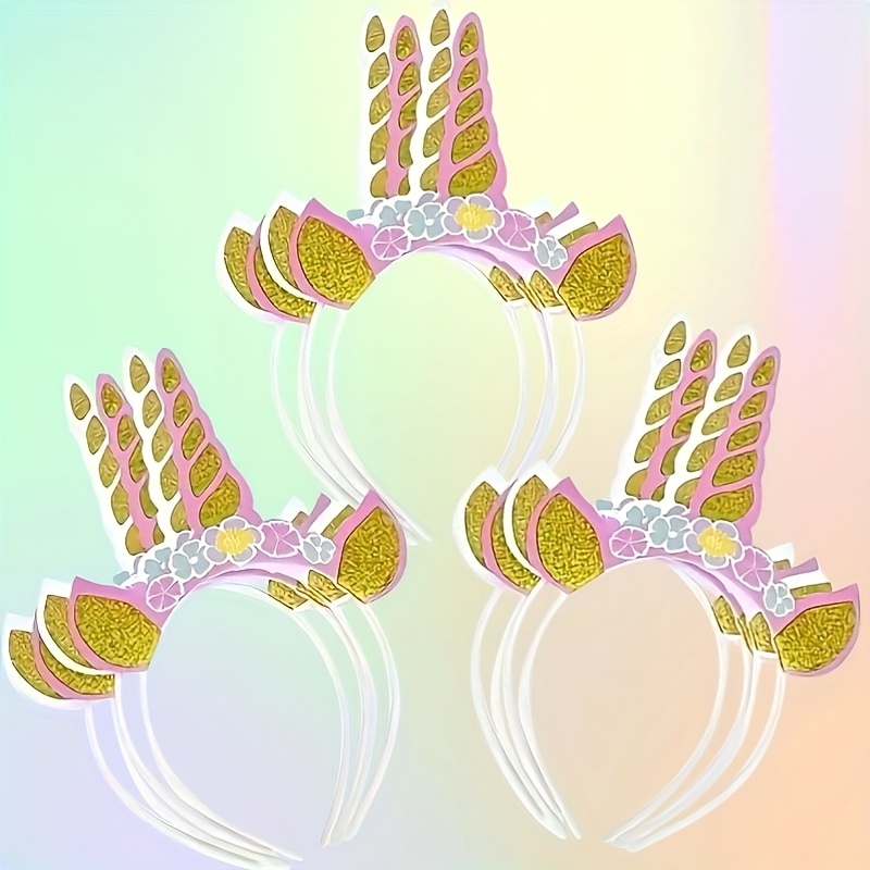 

12pcs Unicorn Party Supplies Golden Glitter Unicorn Headband With 3 Flower Ears Unicorn Party Hat, Suitable For Unicorn Party Decoration, Birthday Party