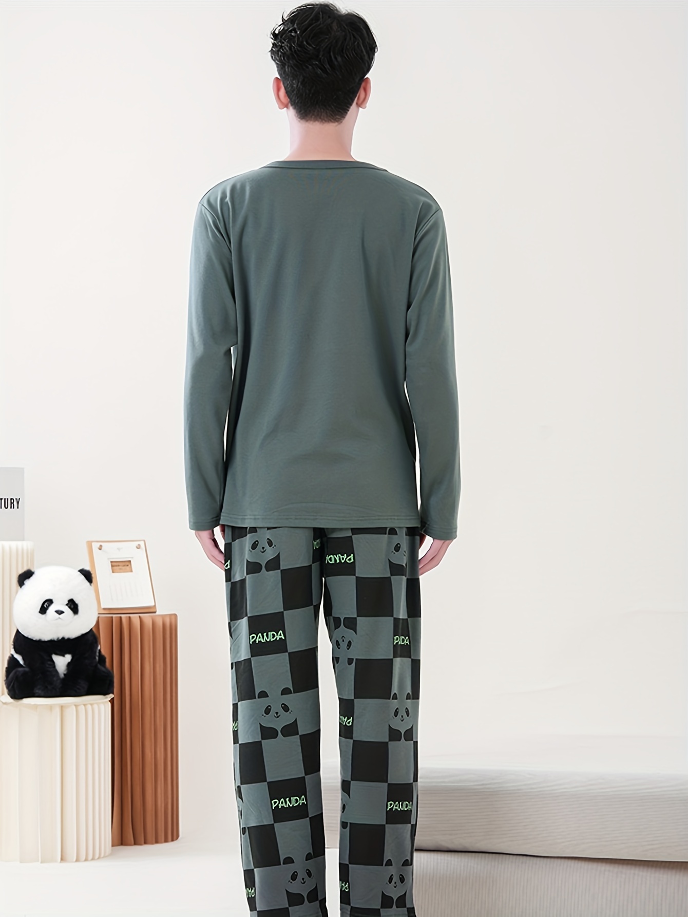 panda bear graphic men's pajama set polyester knit fabric Temu