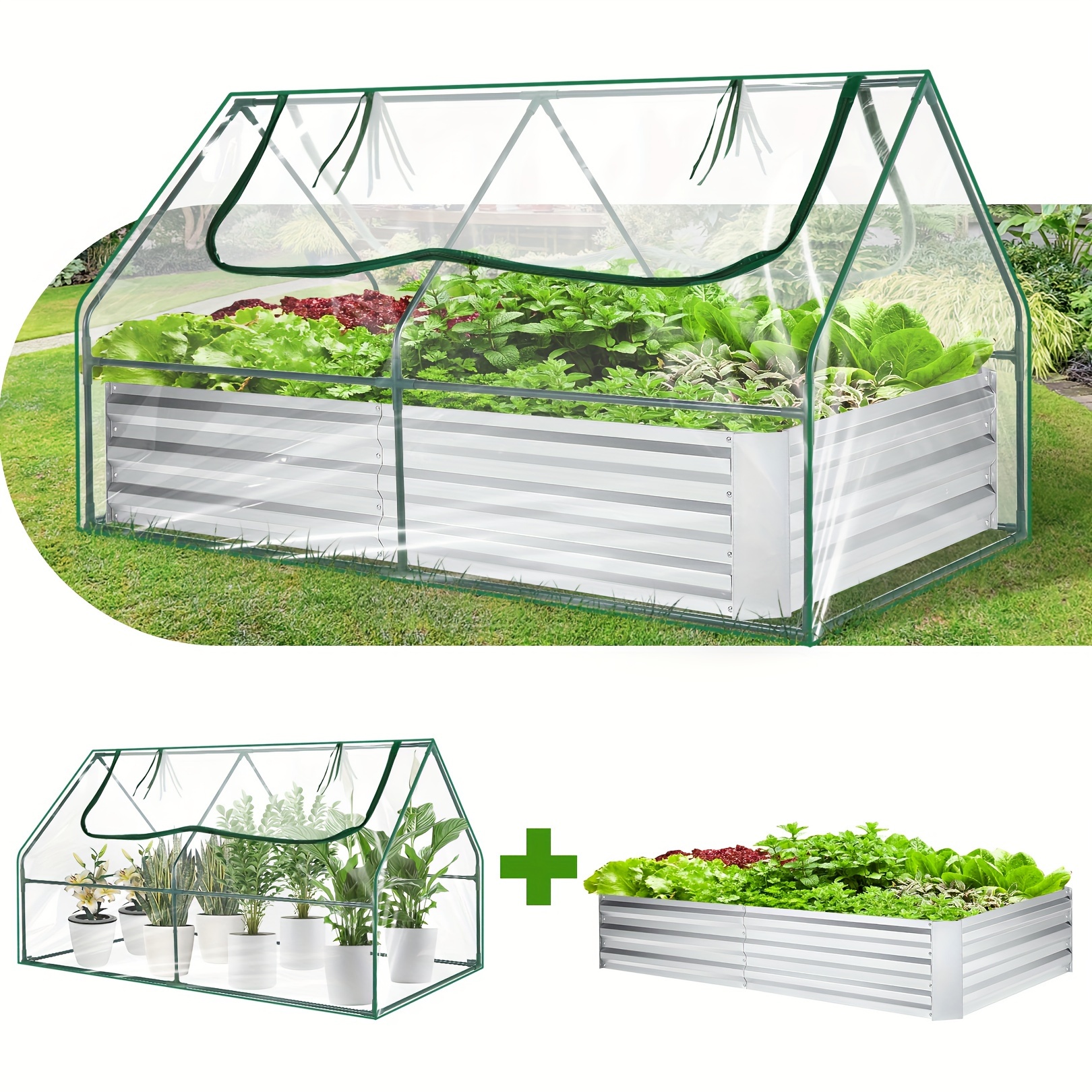 

Galvanized Raised Garden Bed With Cover, 6x3x3ft, Outdoor Metal Planter Box 2 Roll-up Windows Mini Greenhouse For Growing Flowers Fruits Vegetables And Herbs - Clear