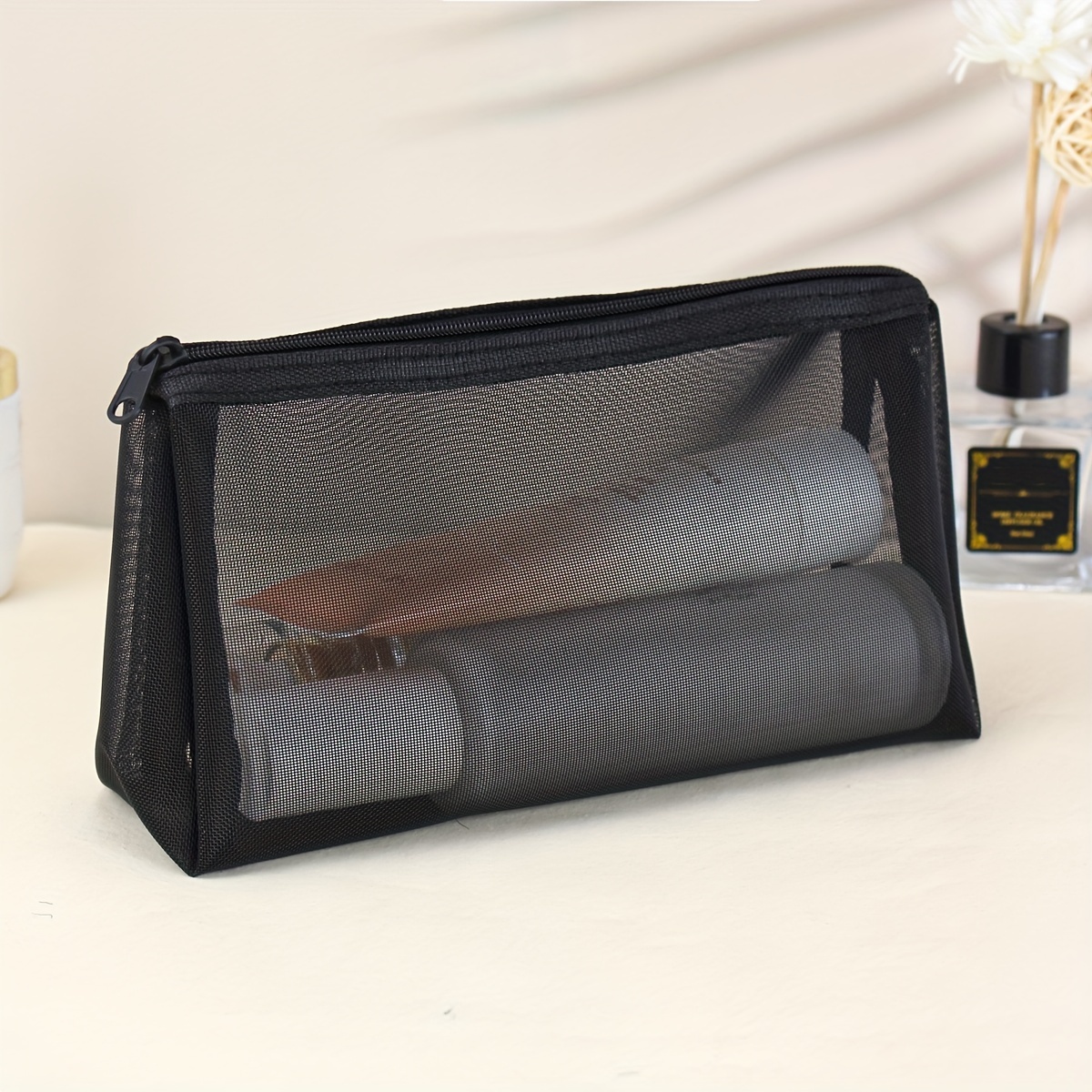 

Black Mesh Cosmetic Bag, Lipstick Pouch, Makeup Brush Holder, Portable For Home, Travel & Daily Use