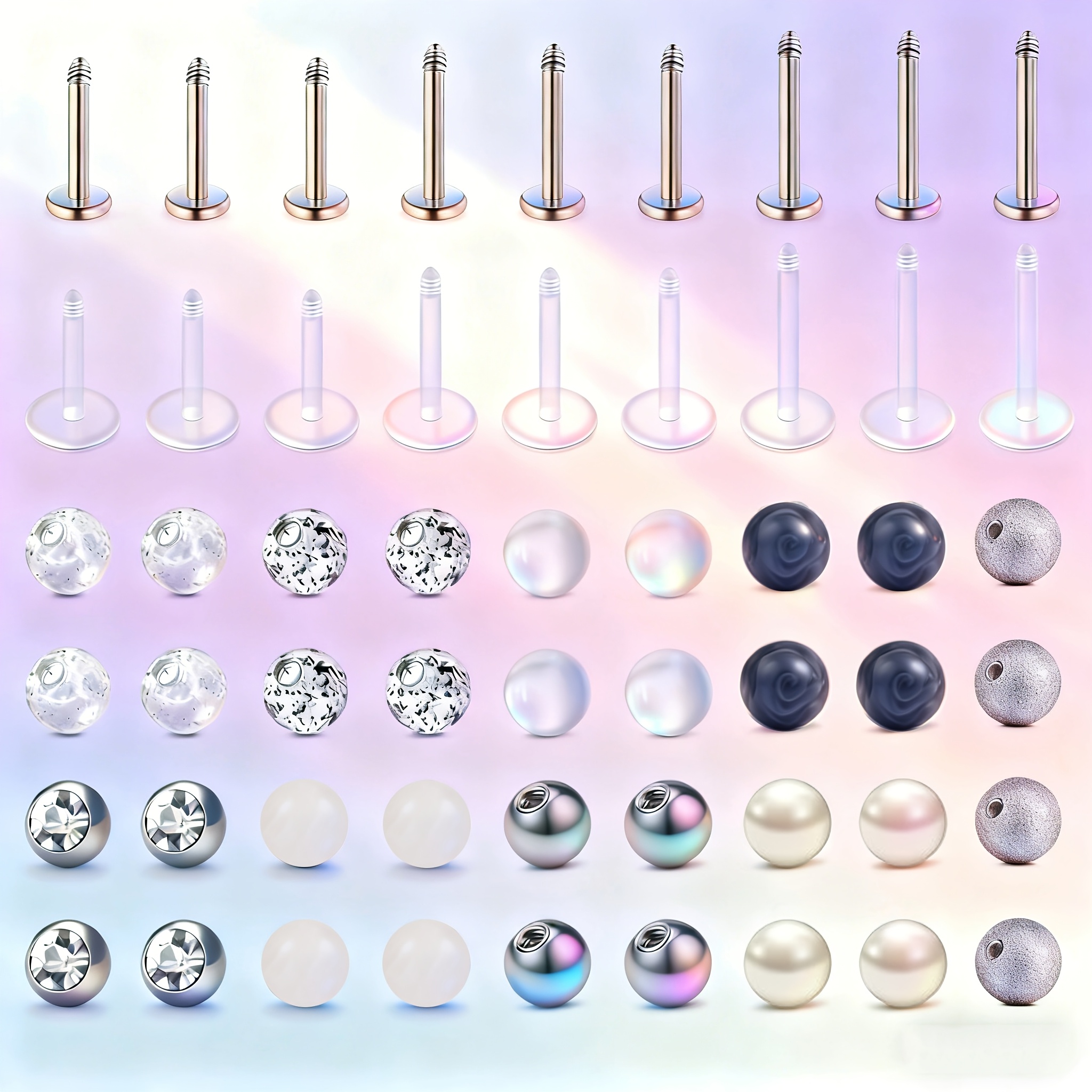 Image of 54pcs 16g Lip Stud Clear Flat Bottom Insert Ear Cartilage Stud Stainless Rod Pearl Ball Men's And Women's Lip Stud With Colored Replacement Ball Rod Length 6mm 8mm 10mm