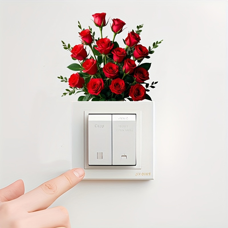 1pc Romantic Red Rose Flower Cluster Wall Switch Panel Decorative Stickers, Living Room, Bedroom Entrance And Air Conditioning Control Panel Home Decoration Wall Stickers