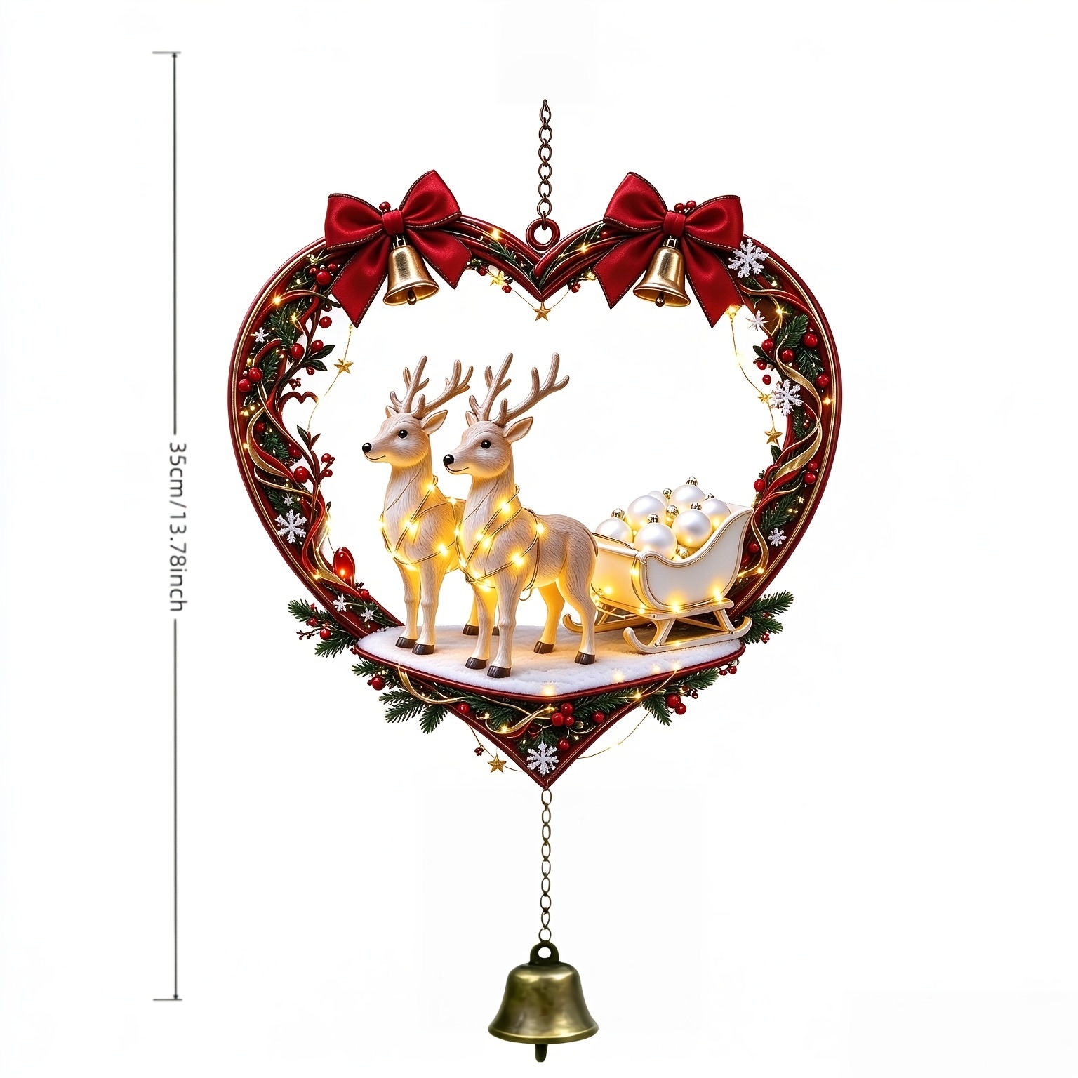 TEMU Herzförmiges Weihnachts-Windspiel mit Rentierschlitten zum Aufhängen, mit zwei Rentieren, die einen Schlitten mit bunten Ornamenten ziehen,